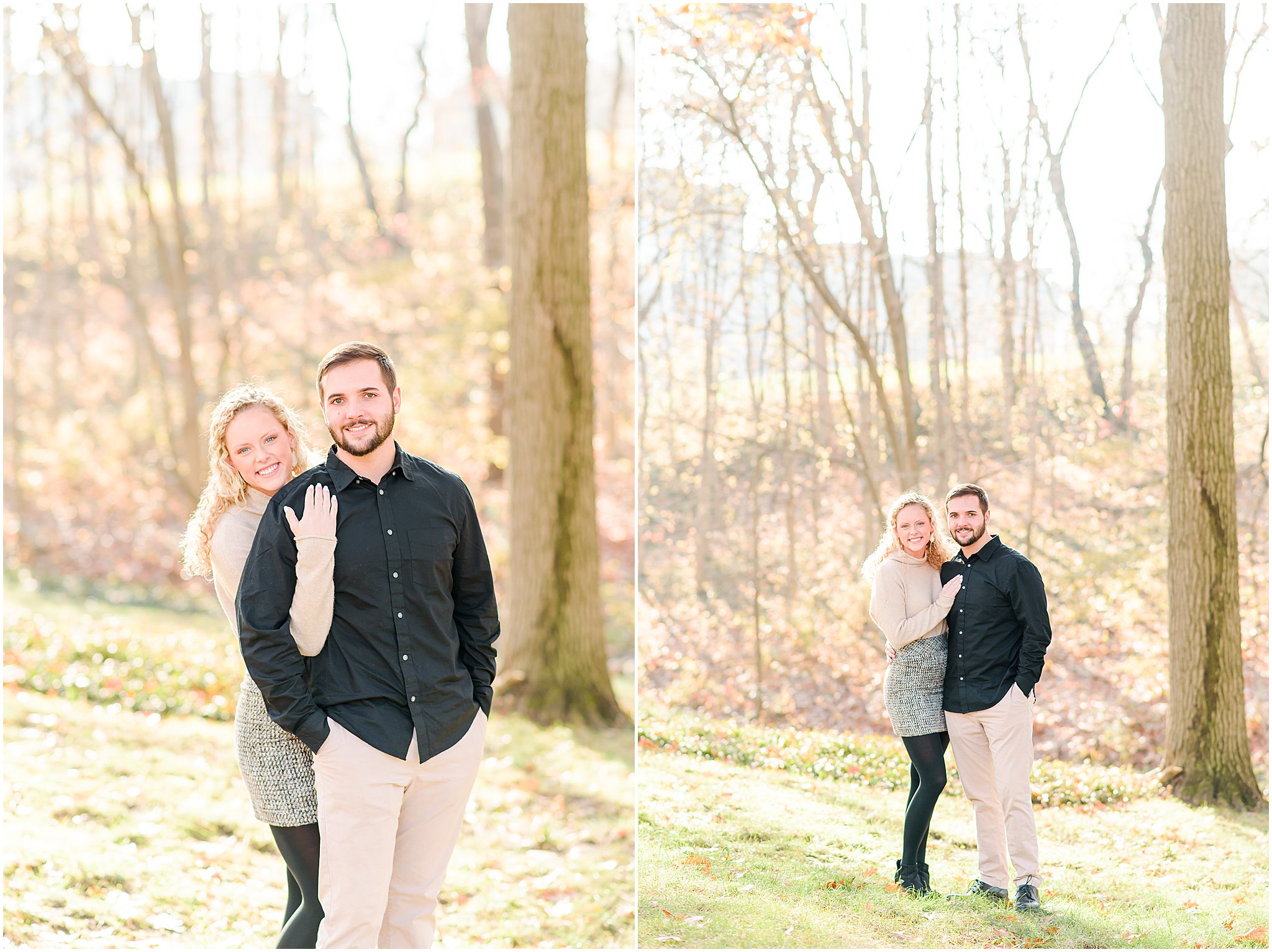 Girl hugging guy from behind both smiling at camera during Holcomb Gardens Engagement Session