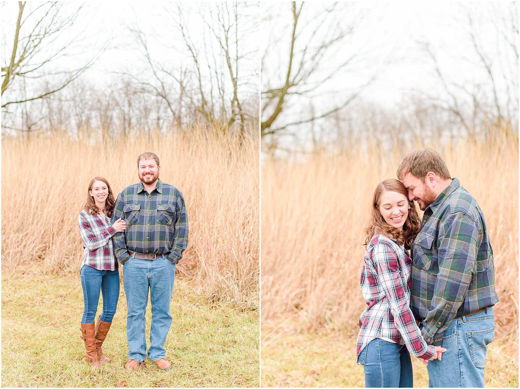 Couple nuzzling and smiling during Eagle Creek Park engagement session