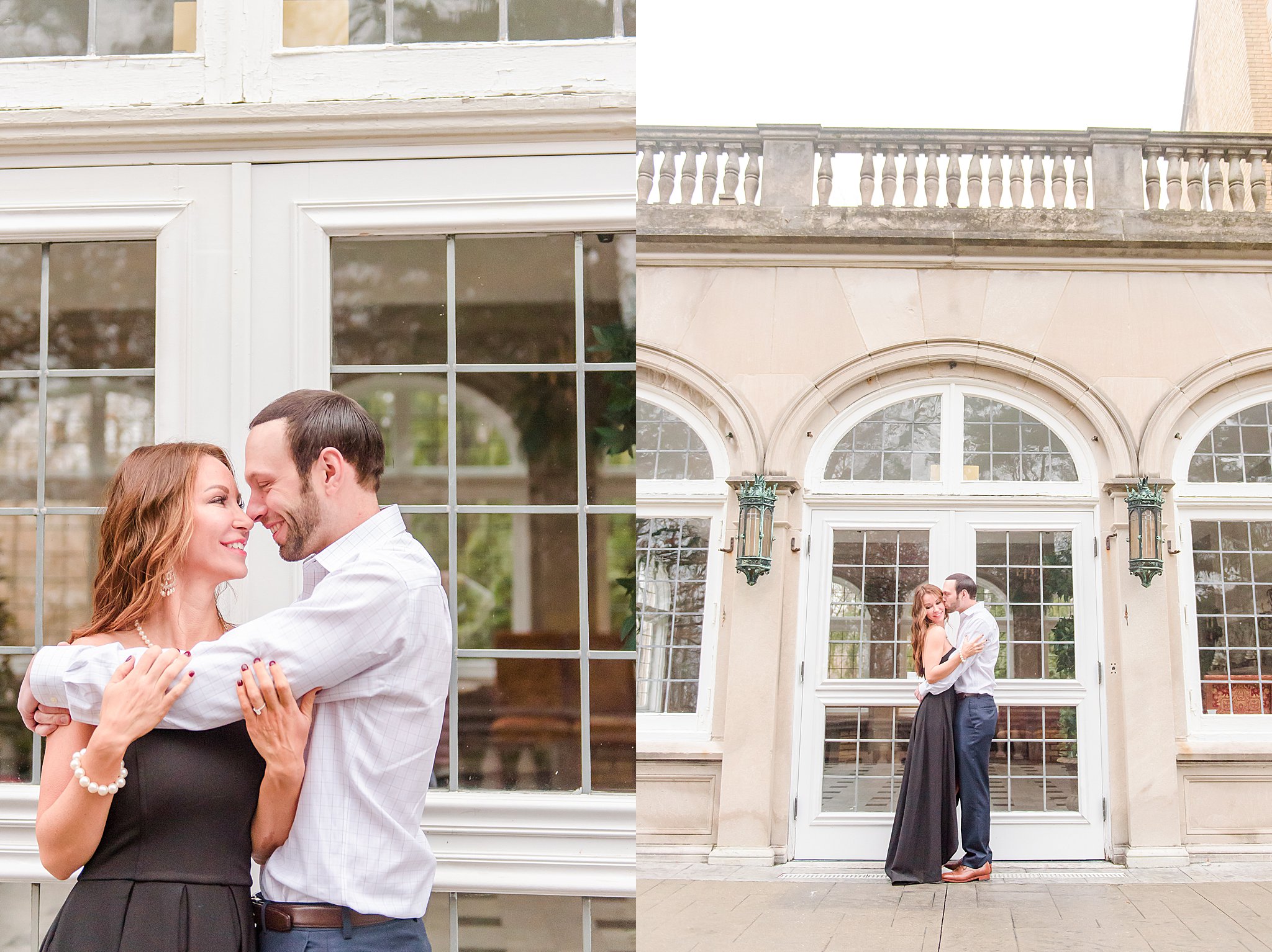 Couple chest to chest on patio during Laurel Hall Engagement Session