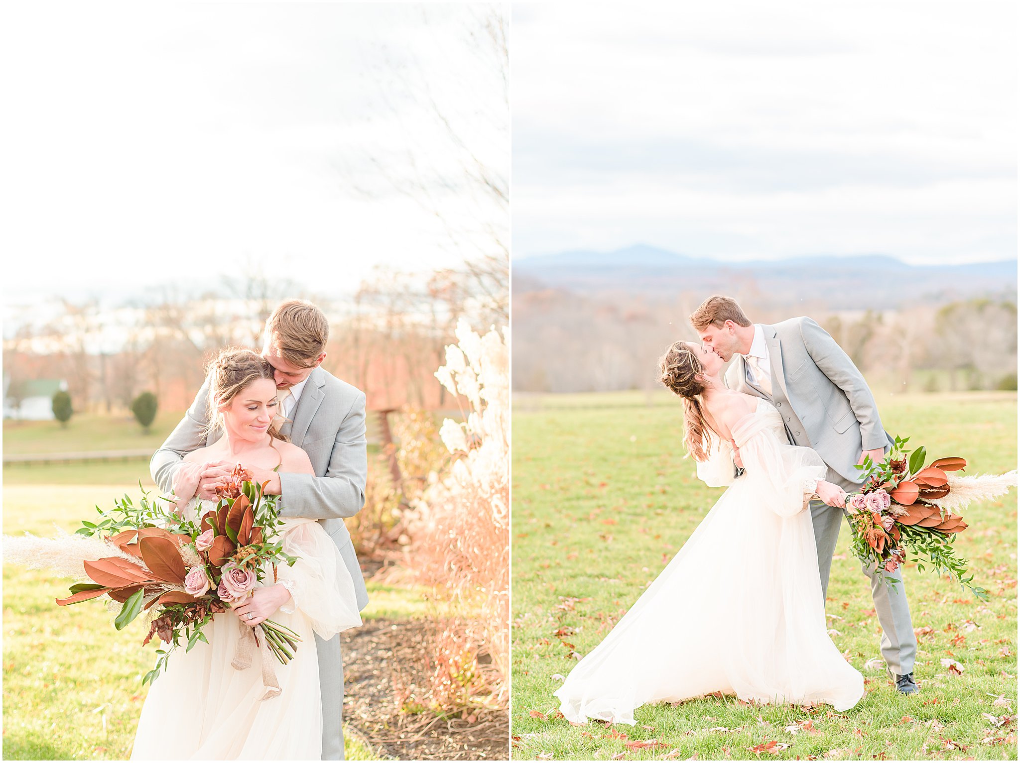 Bride and groom kissing with mountains in background Mount Ida Farm Wedding