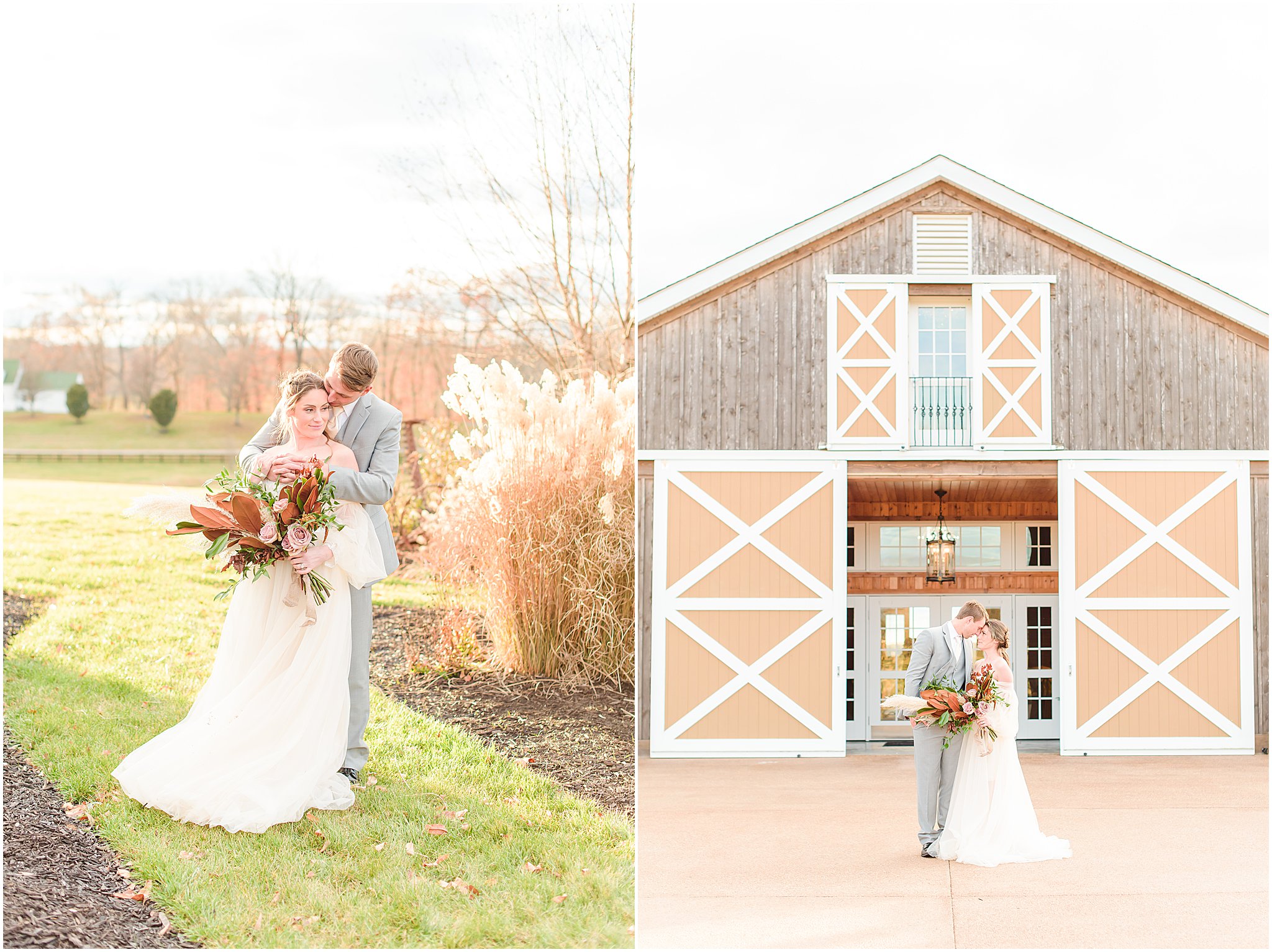 Bride and Groom forehead to forehead in front of The Lodge Mount Ida Farm Wedding