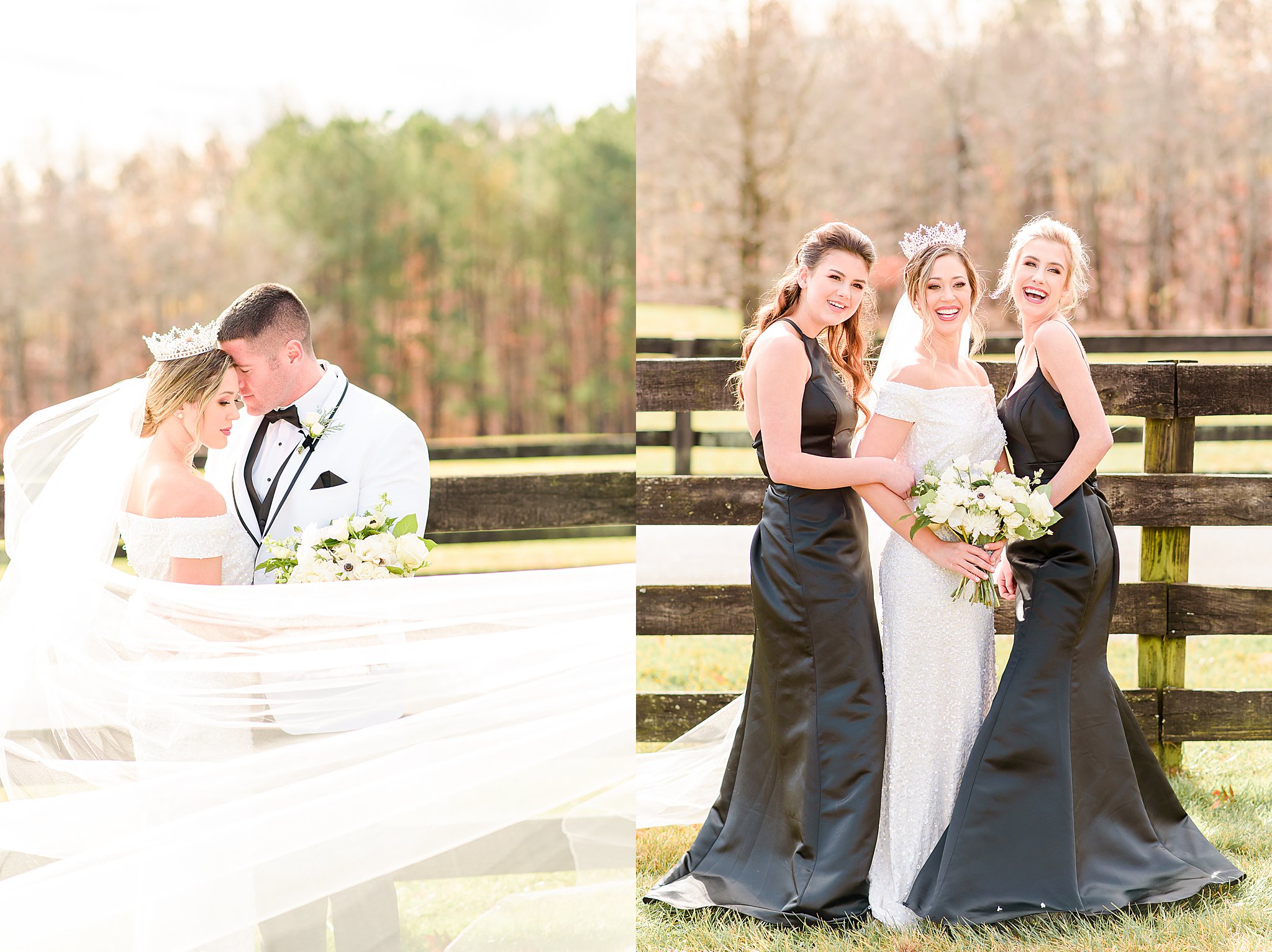 Bride and Groom nuzzling as long veil blows in the wind at Mount Ida Farm wedding