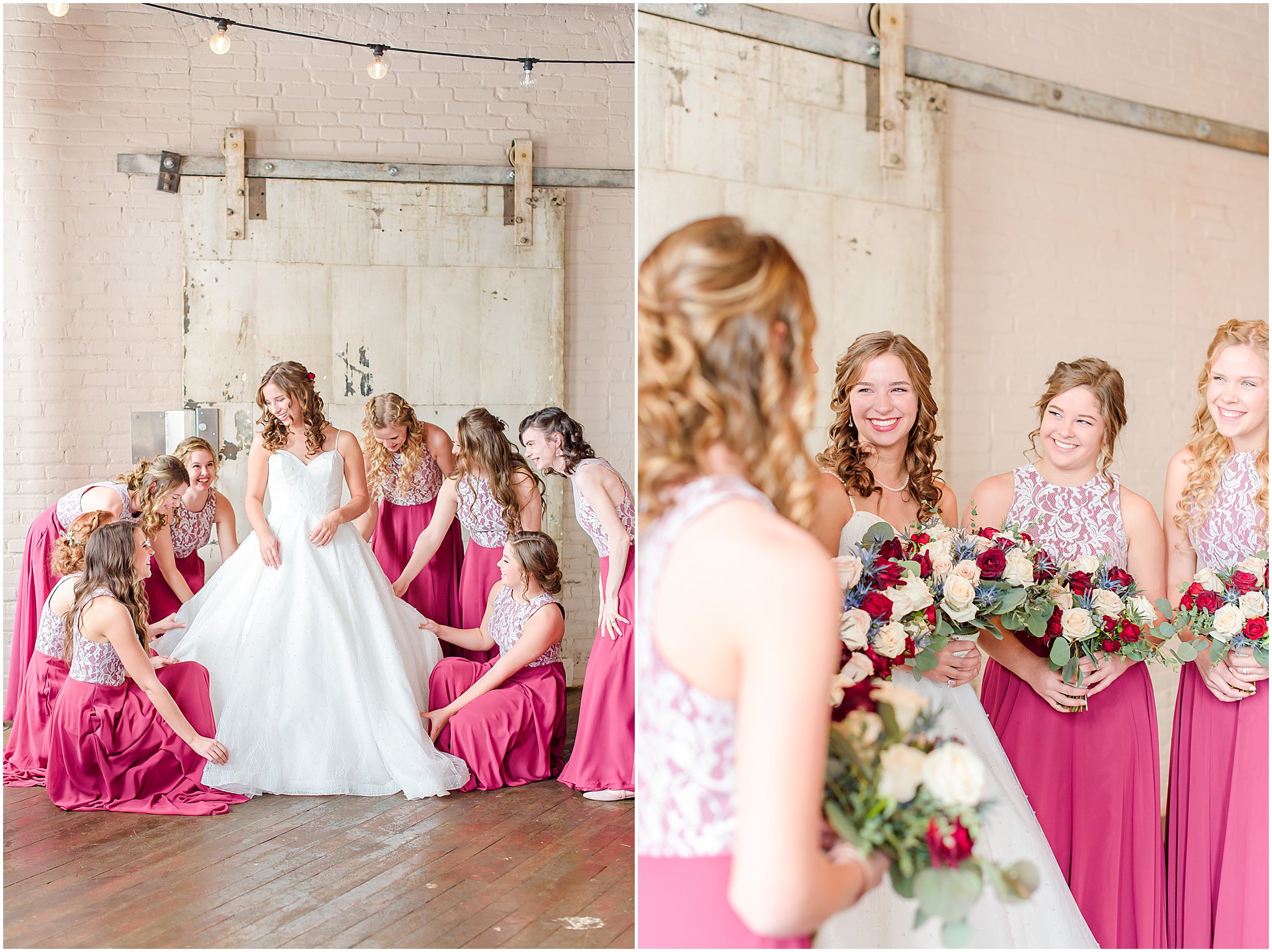 Bridesmaids helping Bride into dress Coppes Commons Wedding