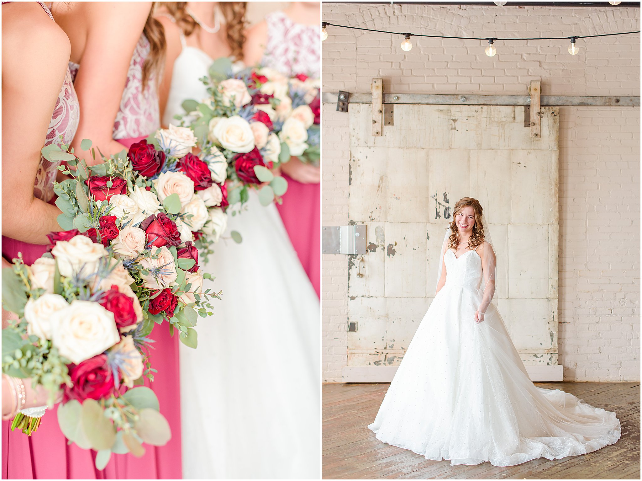 White and red rose bouquets Coppes Commons Wedding