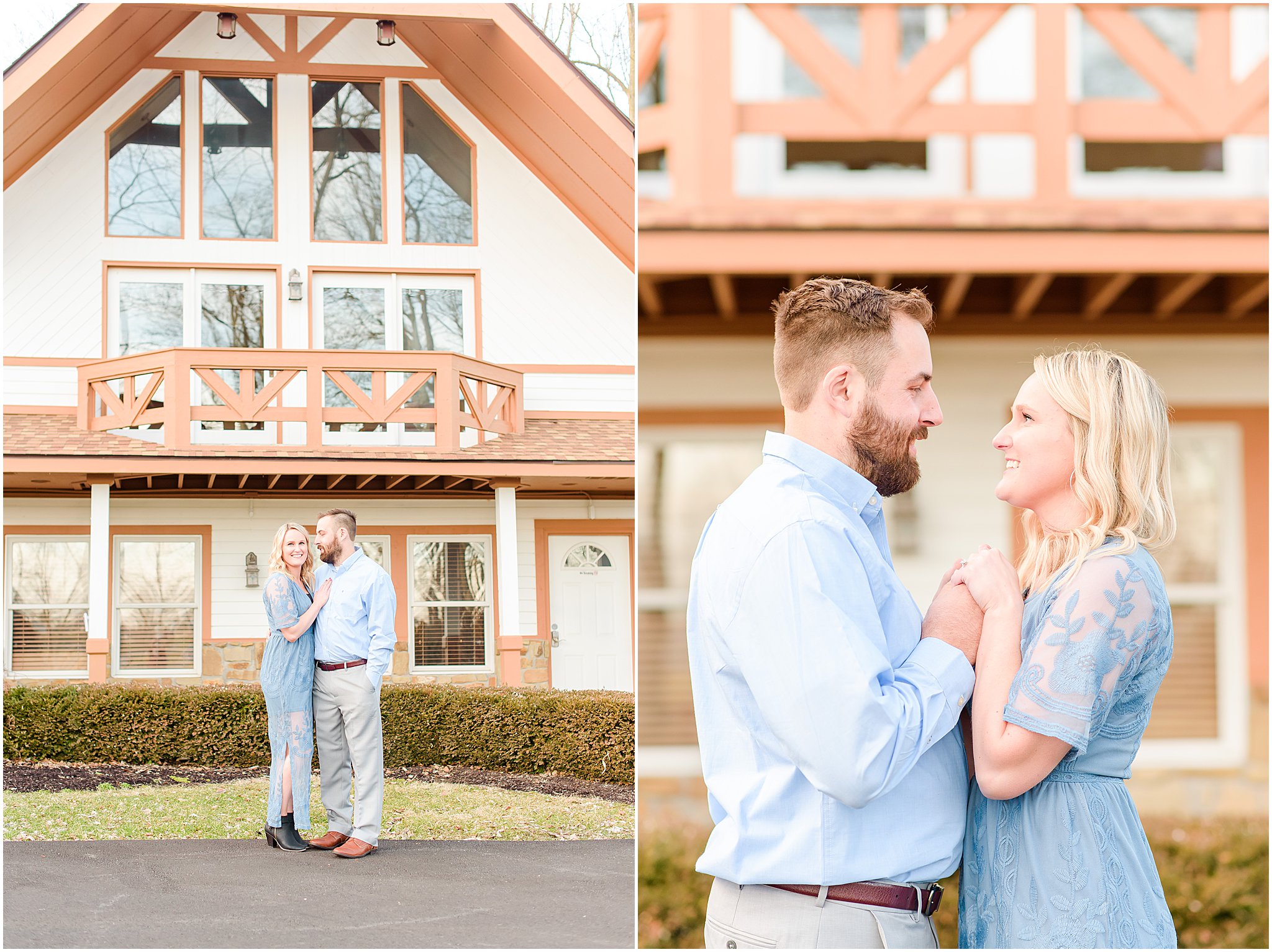 Couple holding hands and looking at each other Lizton Lodge Engagement Session