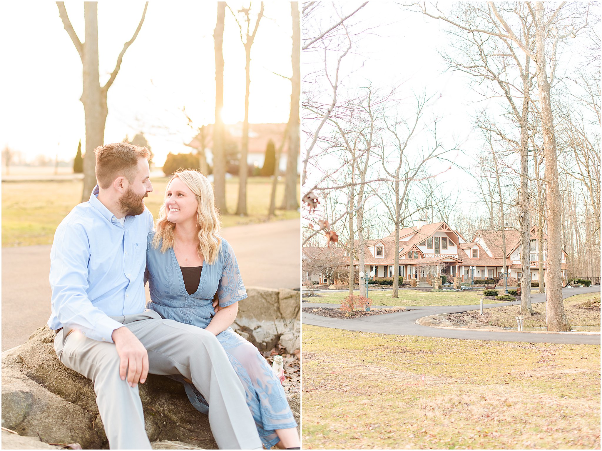 Couple sitting and smiling at each other Lizton Lodge Engagement Session