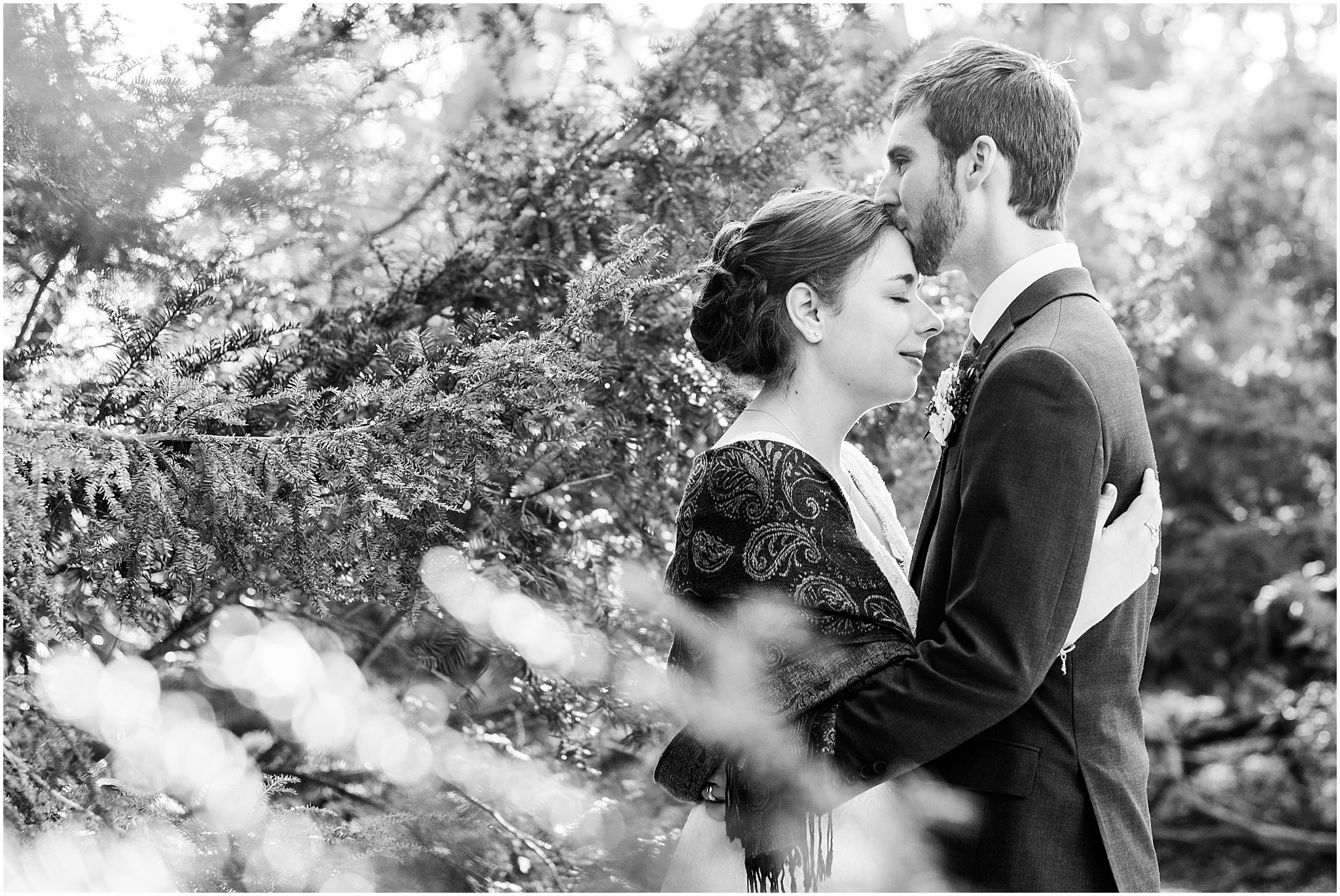 Groom kissing bride's forehead Morton Arboretum Wedding