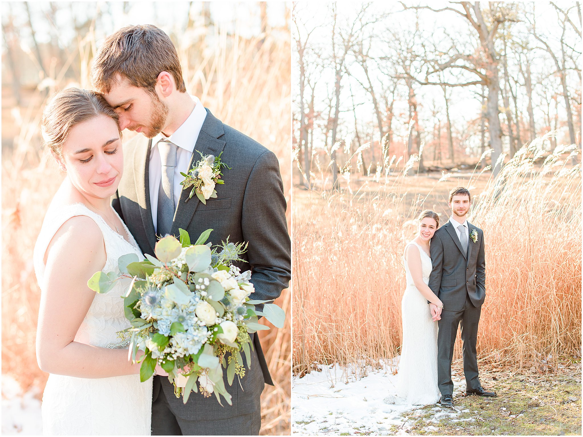 Bride and groom nuzzling Morton Arboretum Wedding