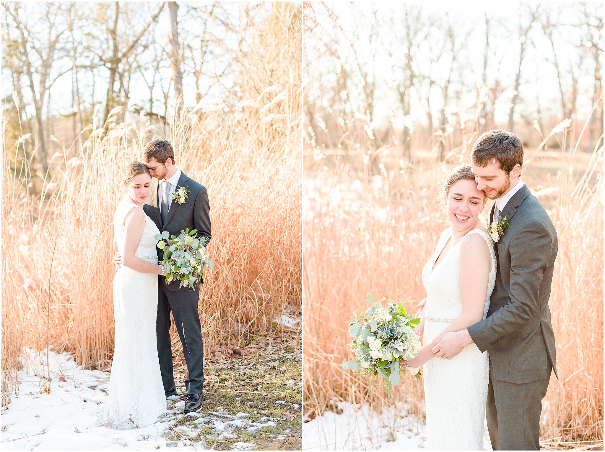 Bride and groom nuzzling in the snow Morton Arboretum Wedding