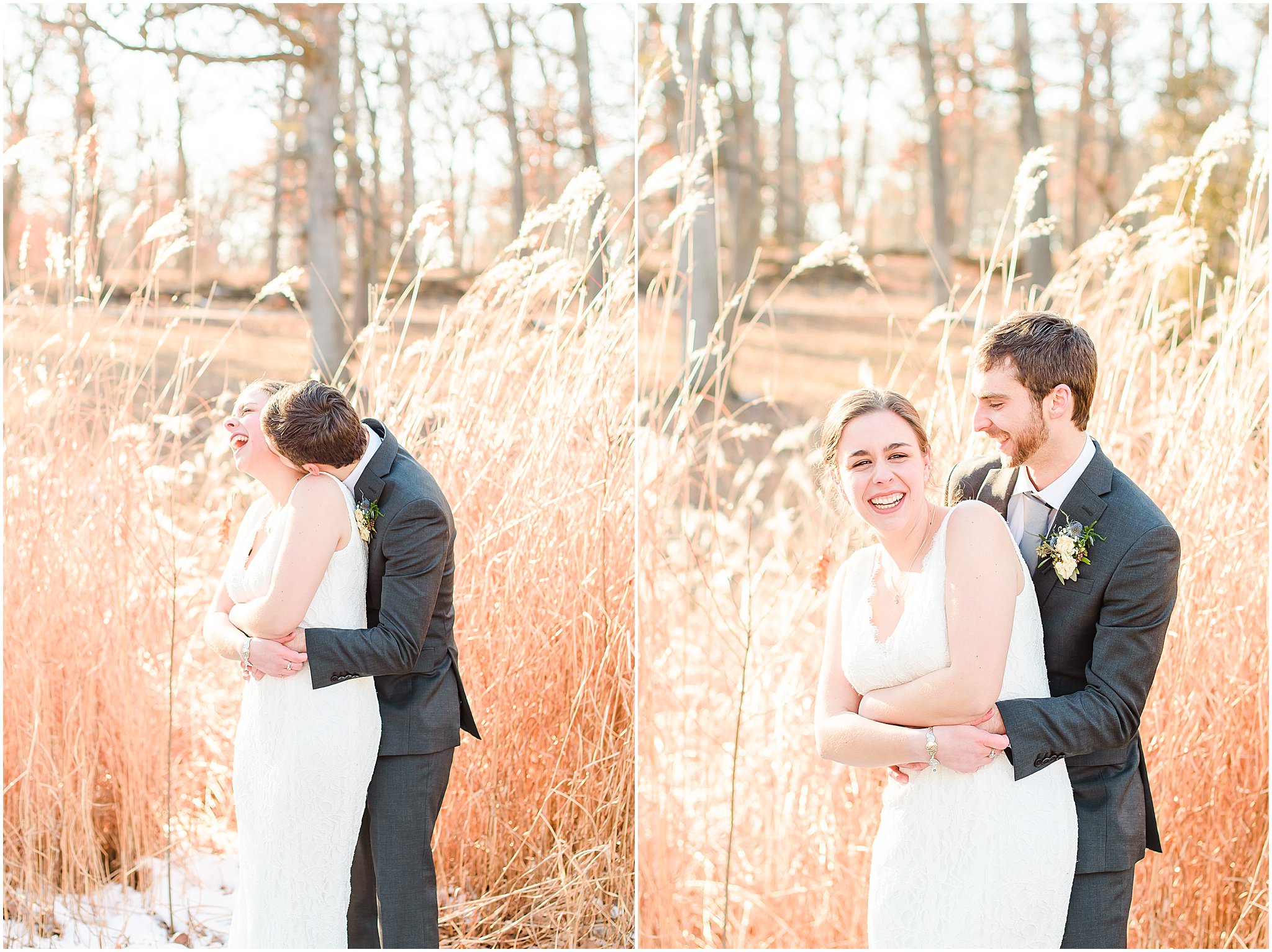 Groom playfully kissing bride's neck Morton Arboretum Wedding