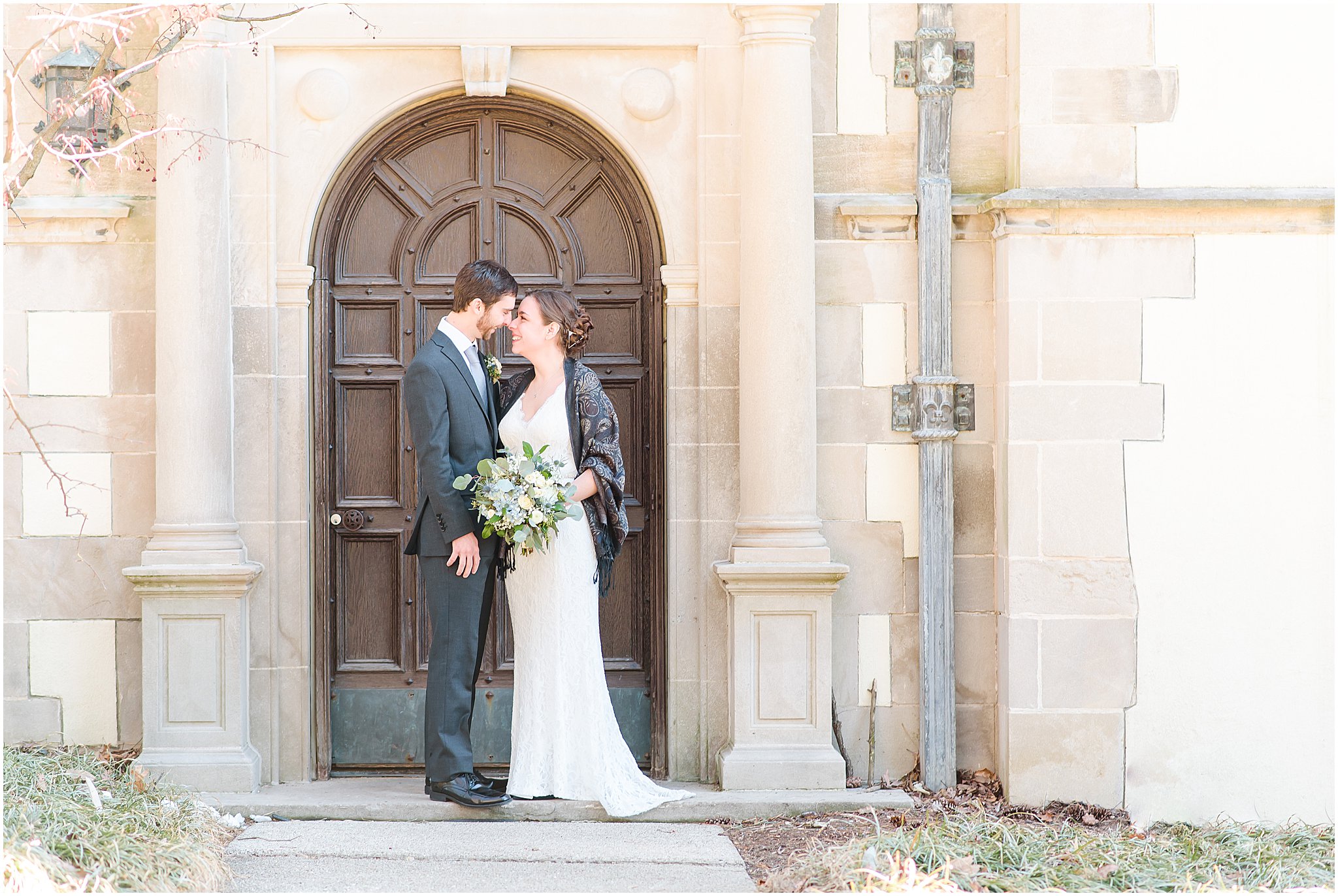 Bride and groom nose to nose Morton Arboretum Wedding