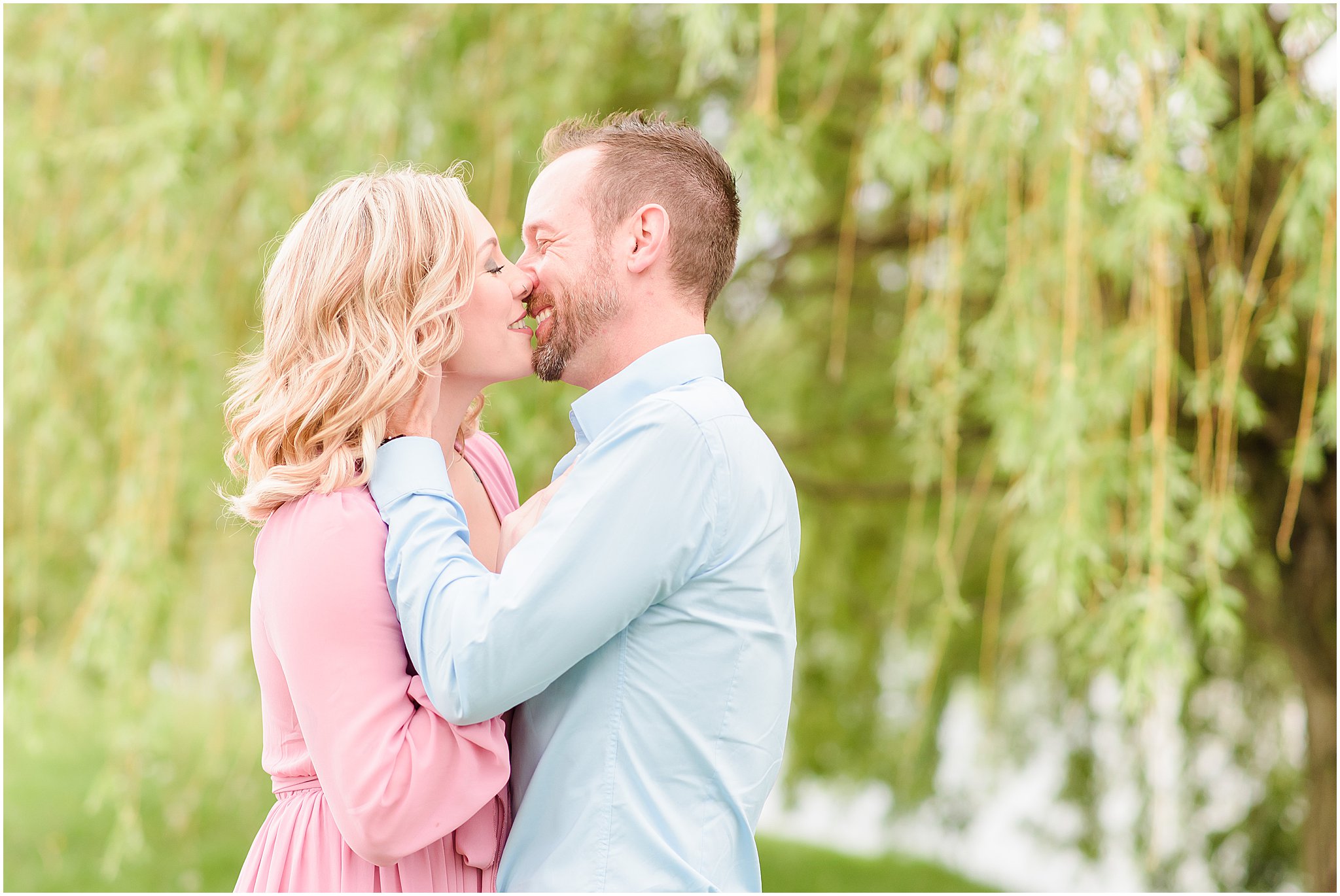 Couple almost kissing during Coxhall Gardens engagement session