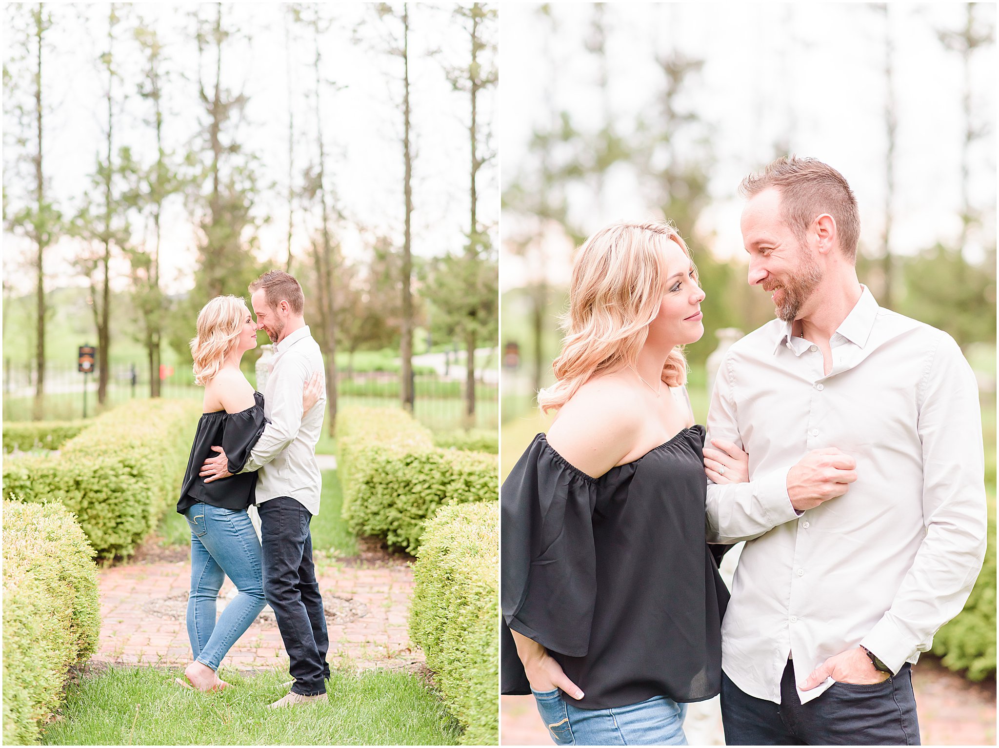 Couple nose to nose during Coxhall Gardens engagement session
