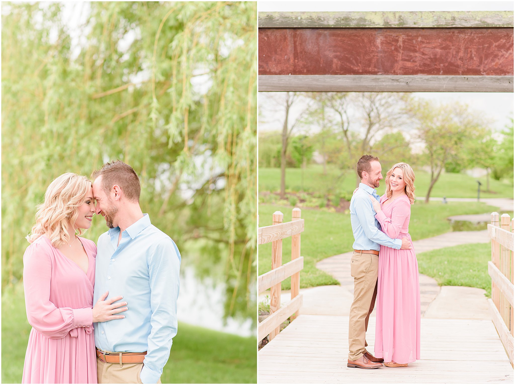 Couple nose to nose in front of willow tree during Coxhall Gardens engagement session