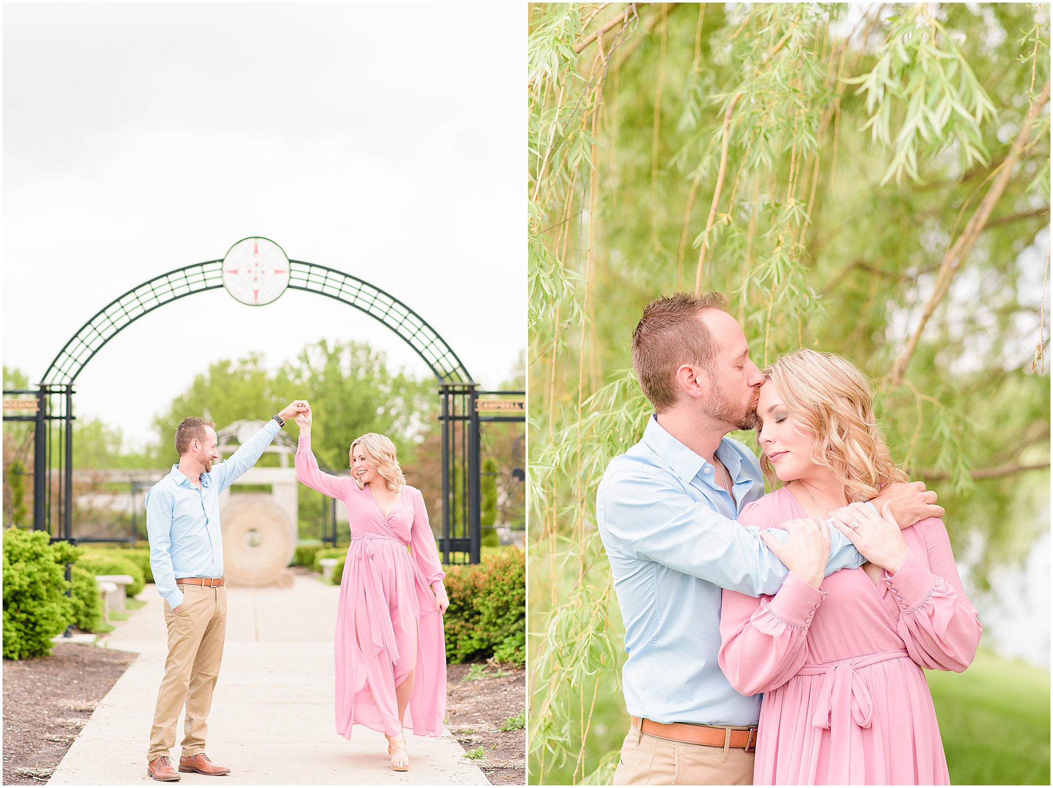 Forehead kiss in front of willow tree during Coxhall Gardens engagement session