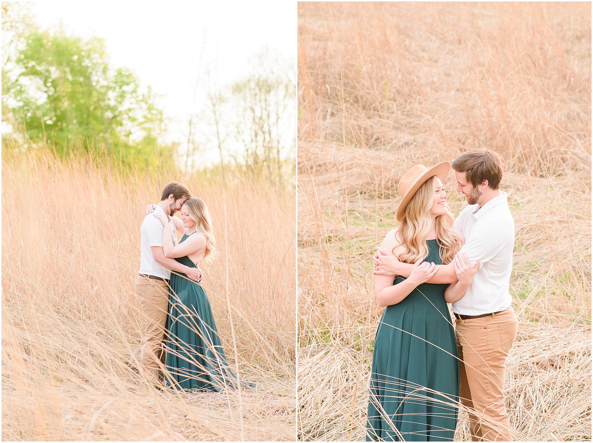 Couple cuddling in sun-drenched field during Eagle Creek Park Engagement Session