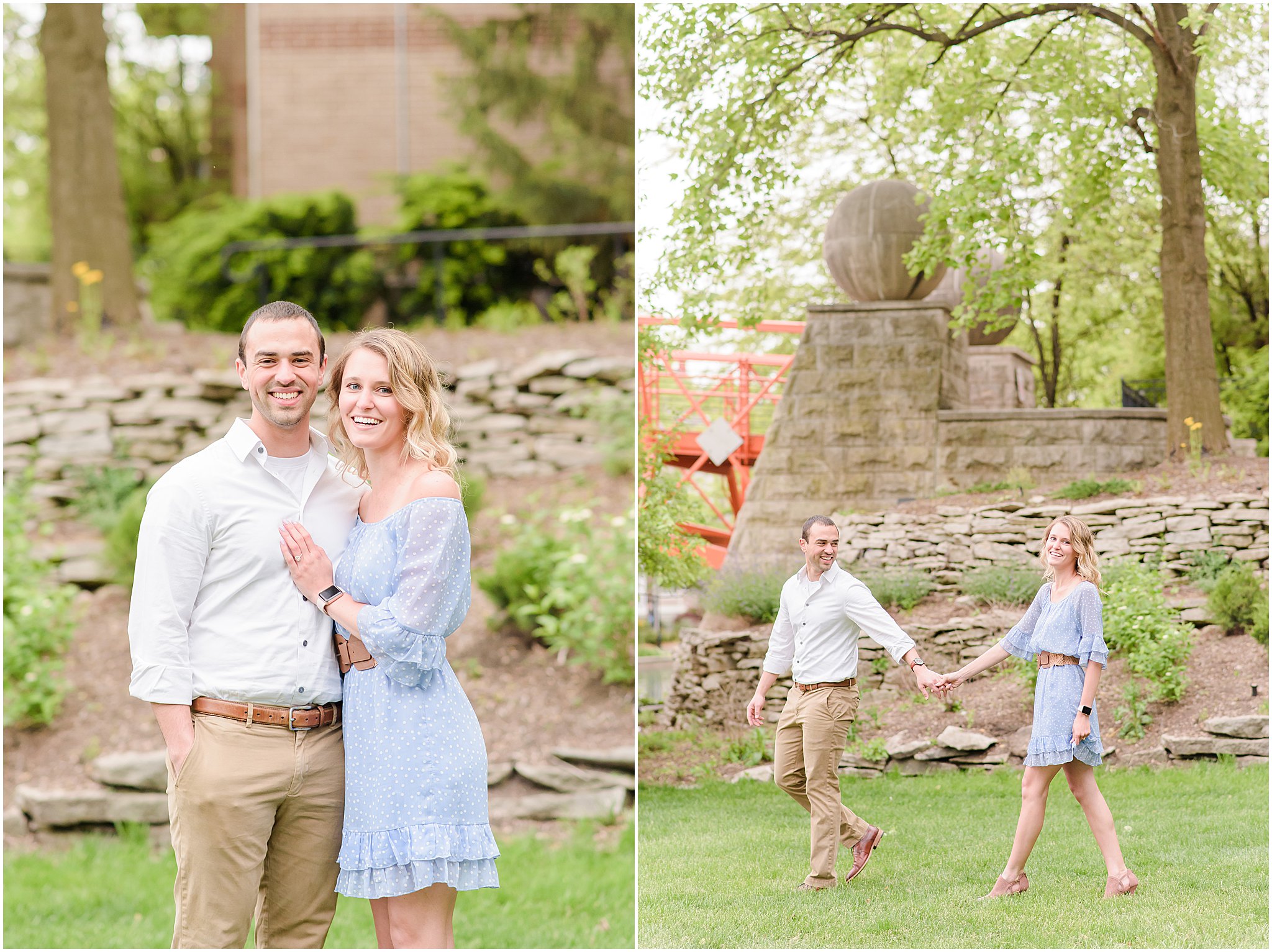 Couple smiling at camera during Indianapolis Canal engagement session 