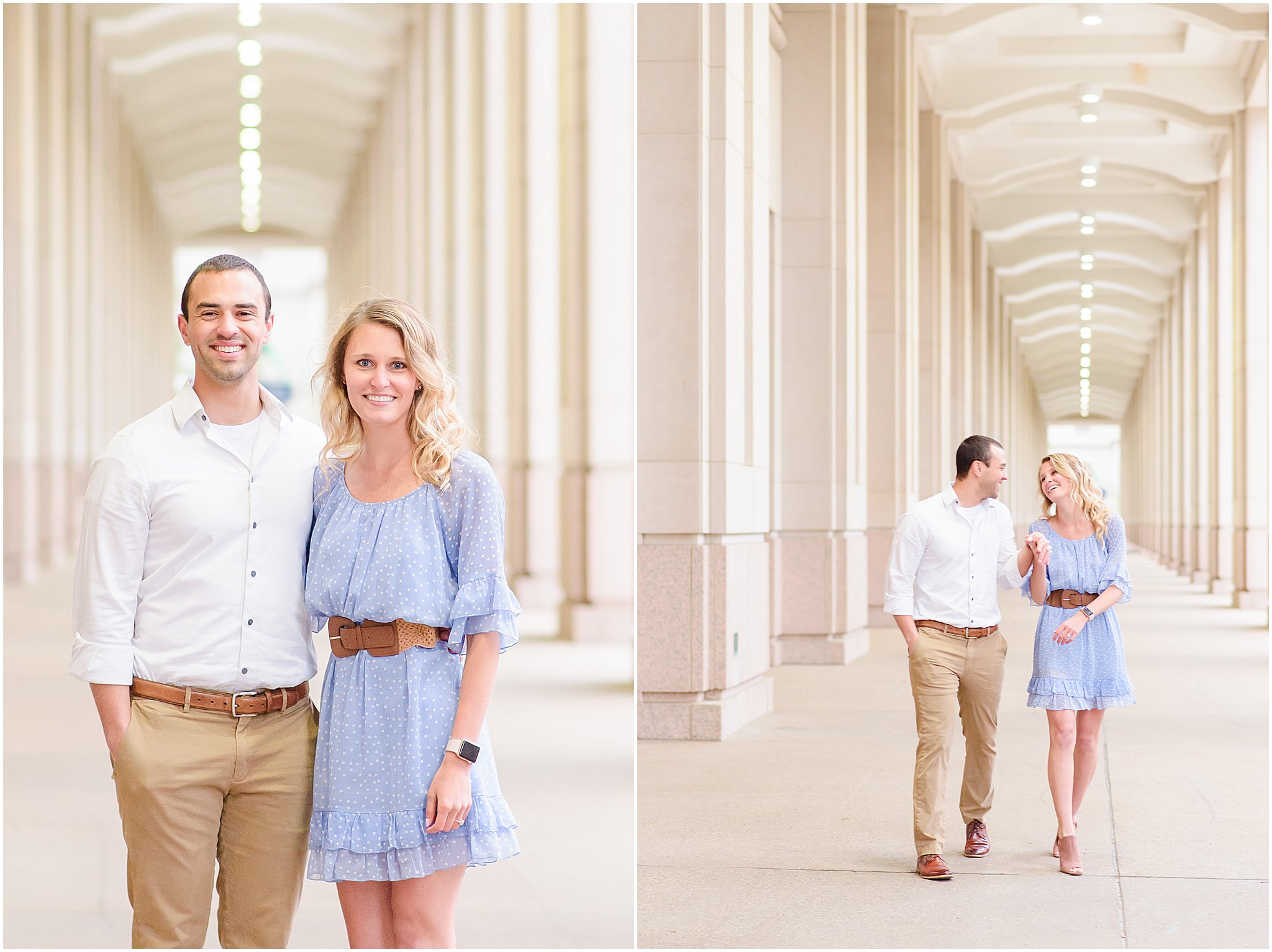 Couple walking and laughing during Indianapolis Canal engagement session 