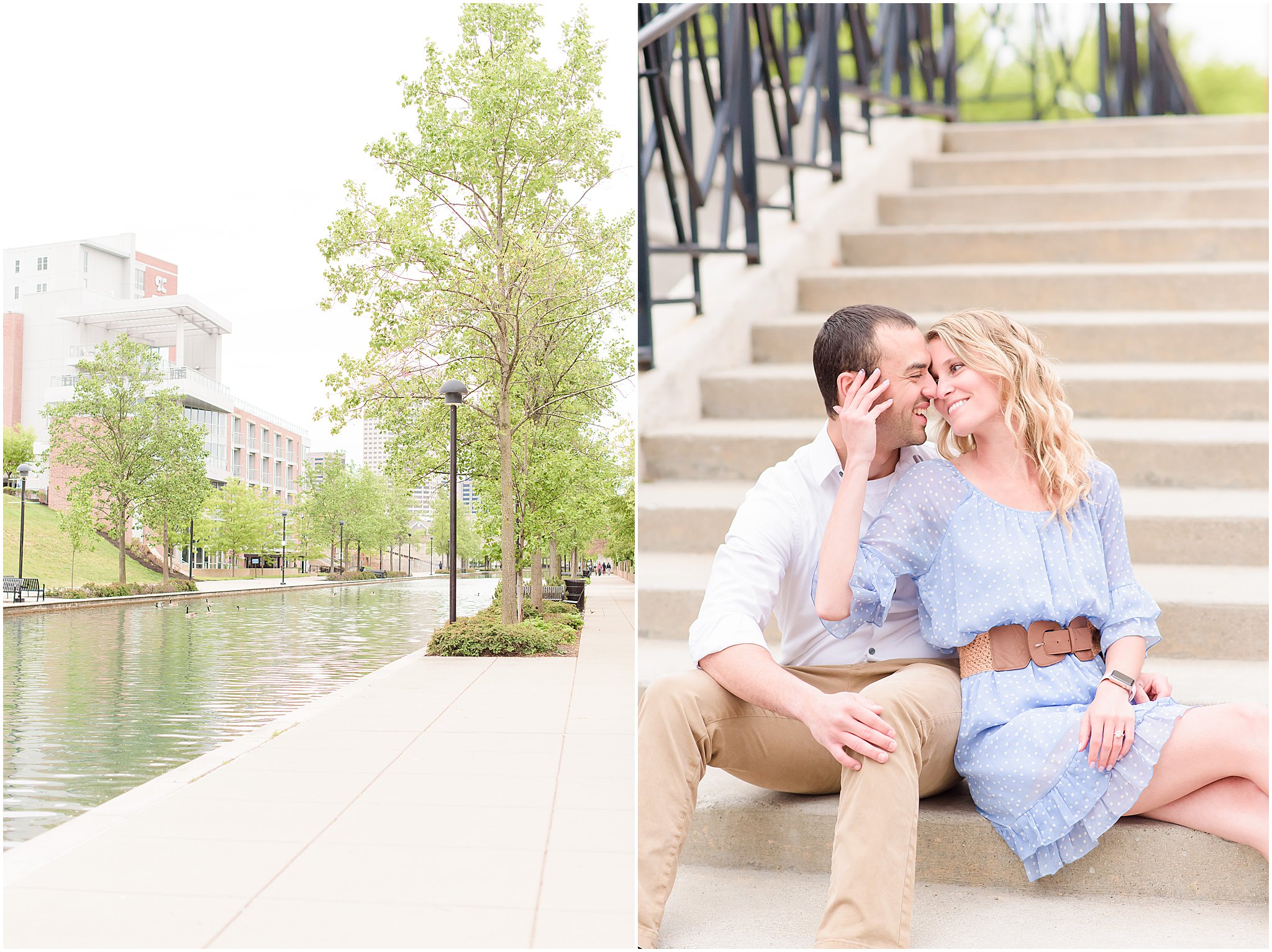 Couple sitting and nuzzling during Indianapolis Canal engagement session 