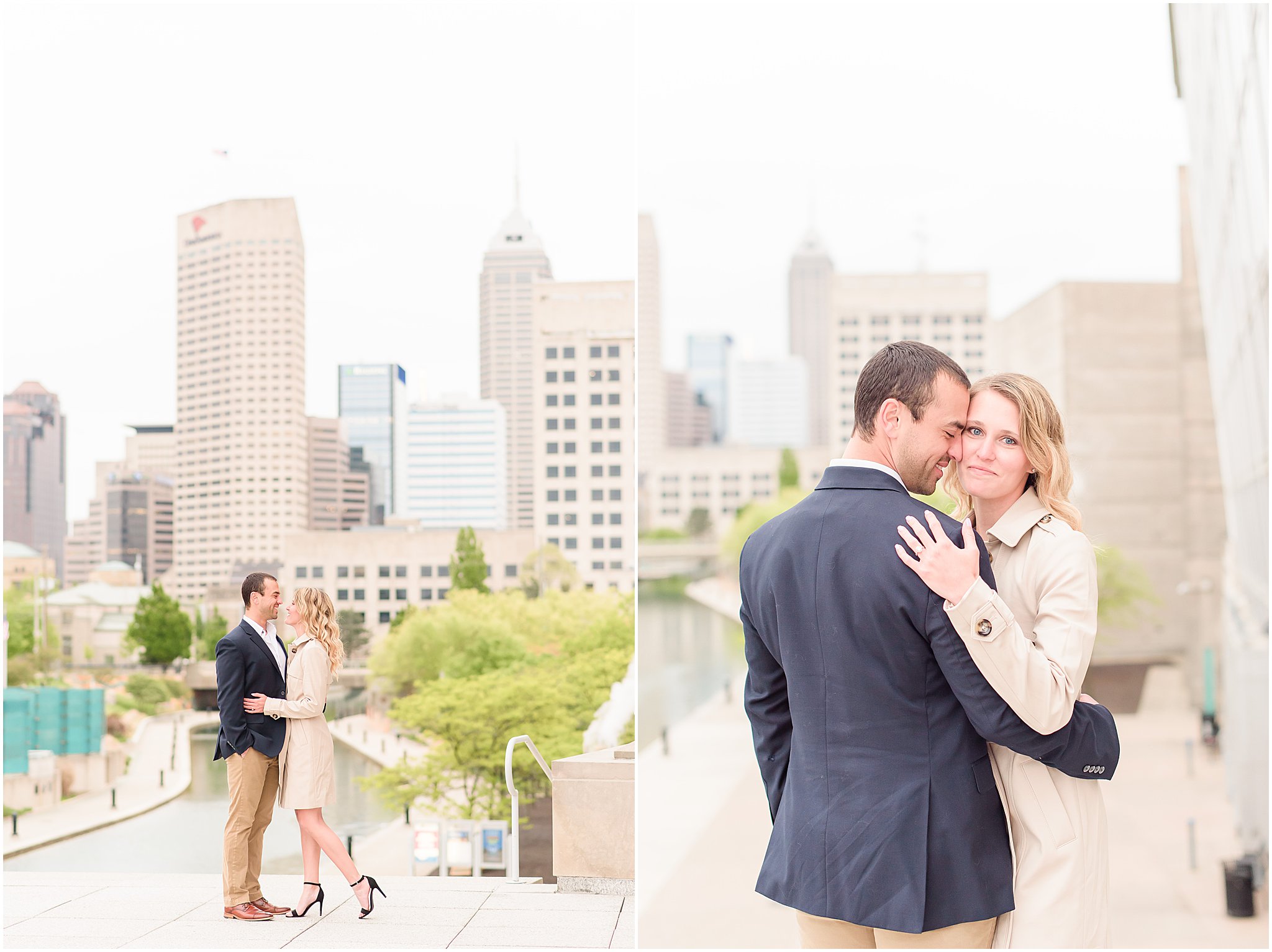 Couple nuzzling in front of Indy skyline during Indianapolis Canal engagement session 