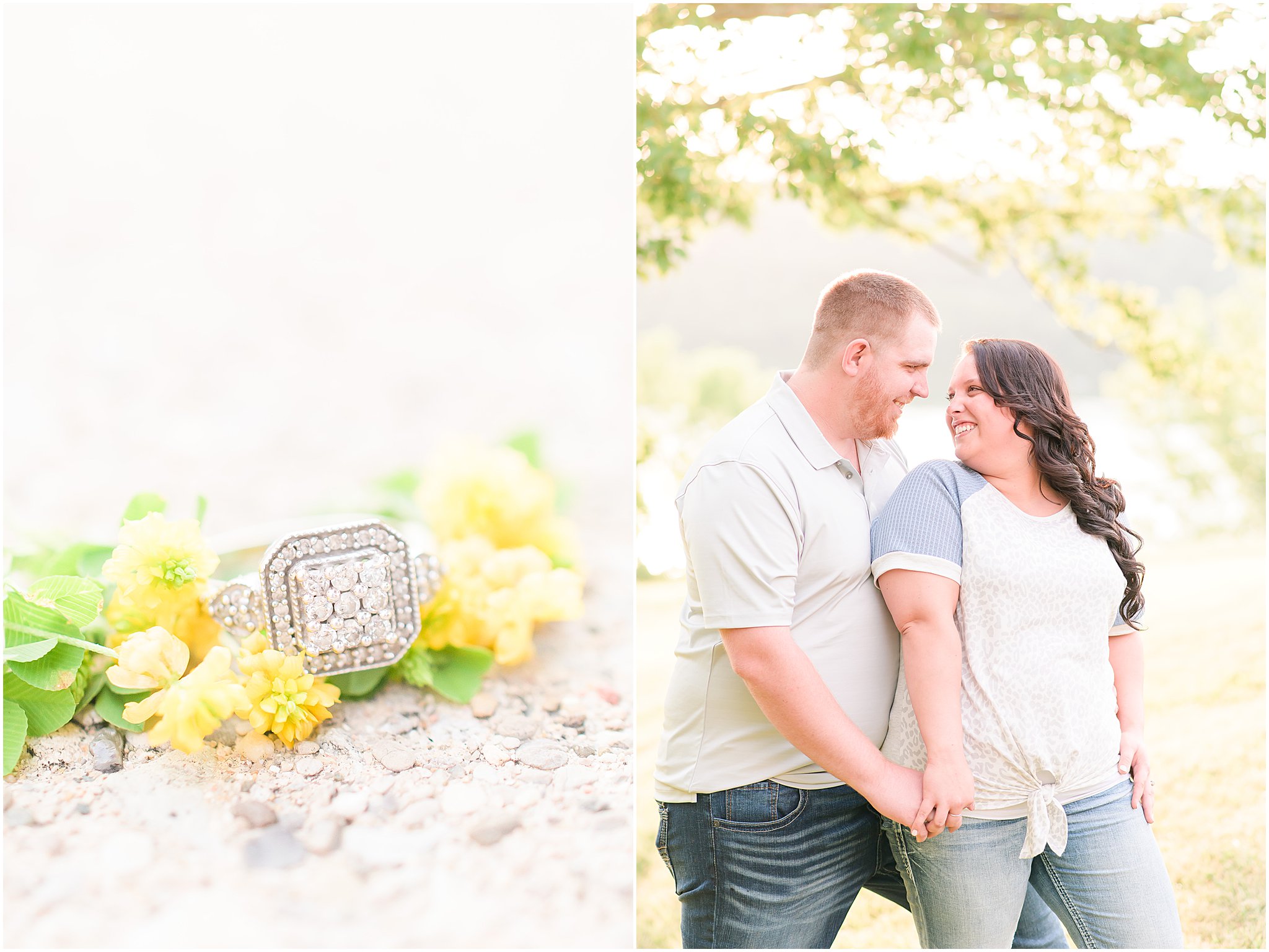 Couple smiling at each other during Brookville Lake engagement session