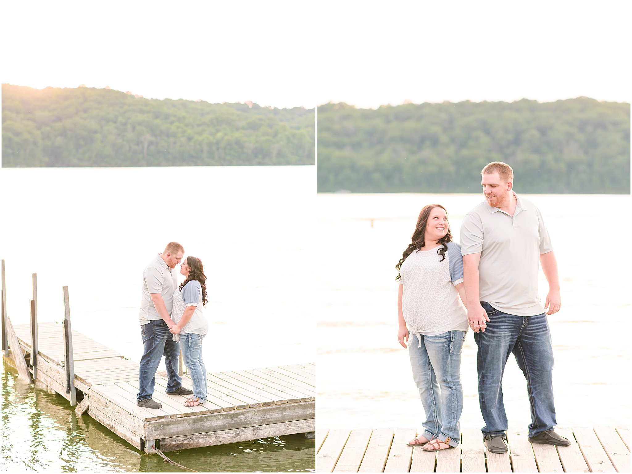 Couple nose to nose in front of lake during Brookville Lake engagement session