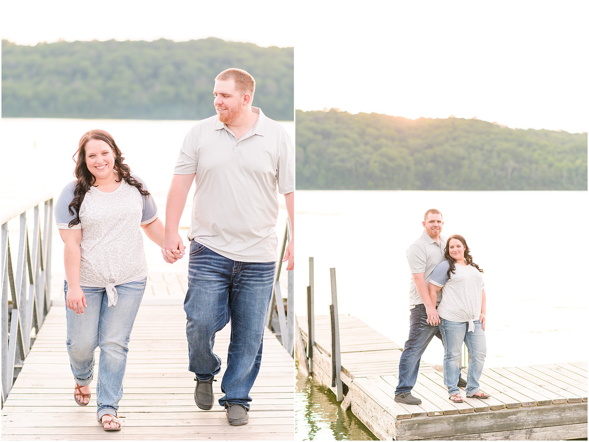Couple smiling on dock during Brookville Lake engagement session