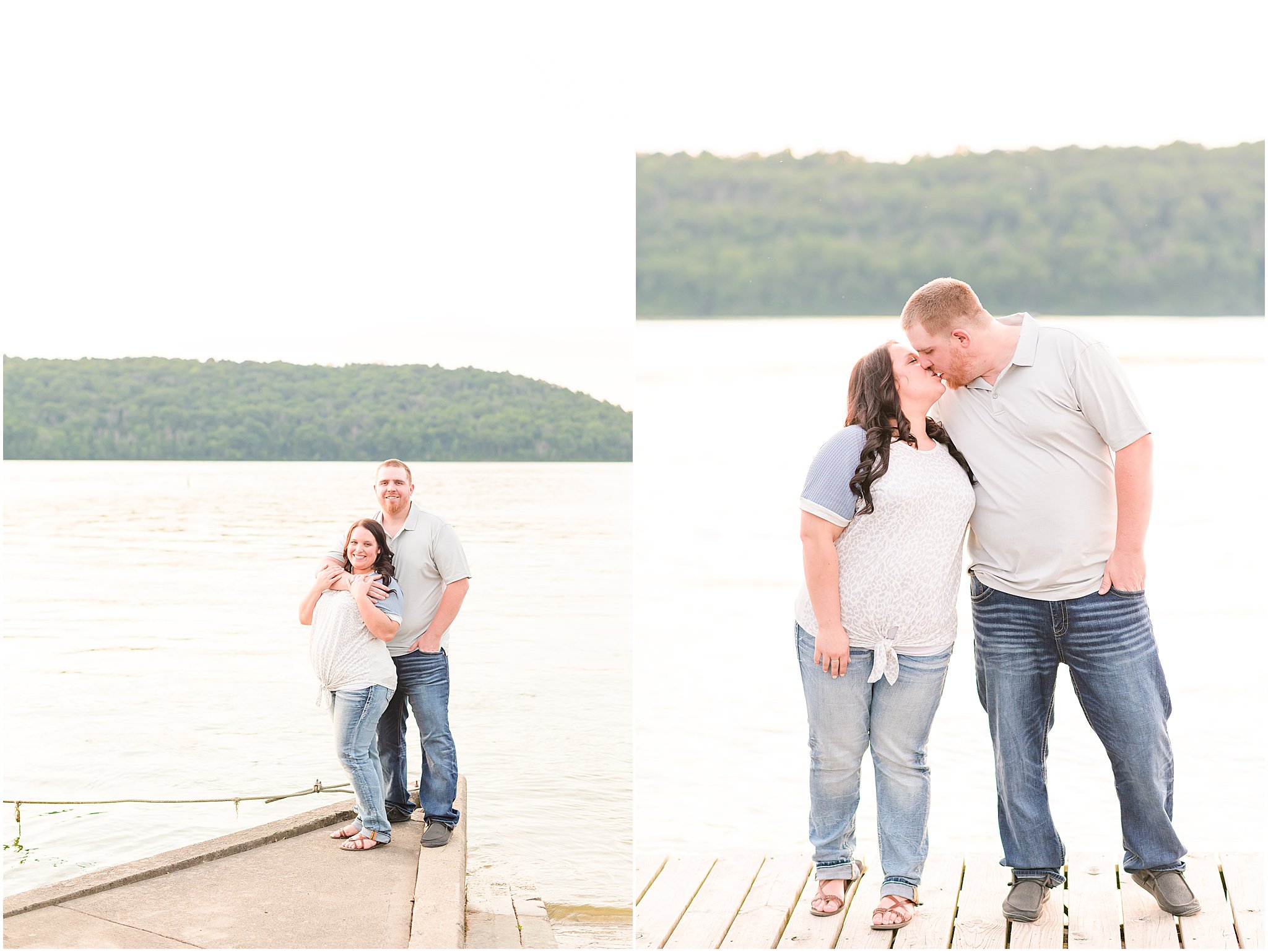 Couple kissing on the water during Brookville Lake engagement session