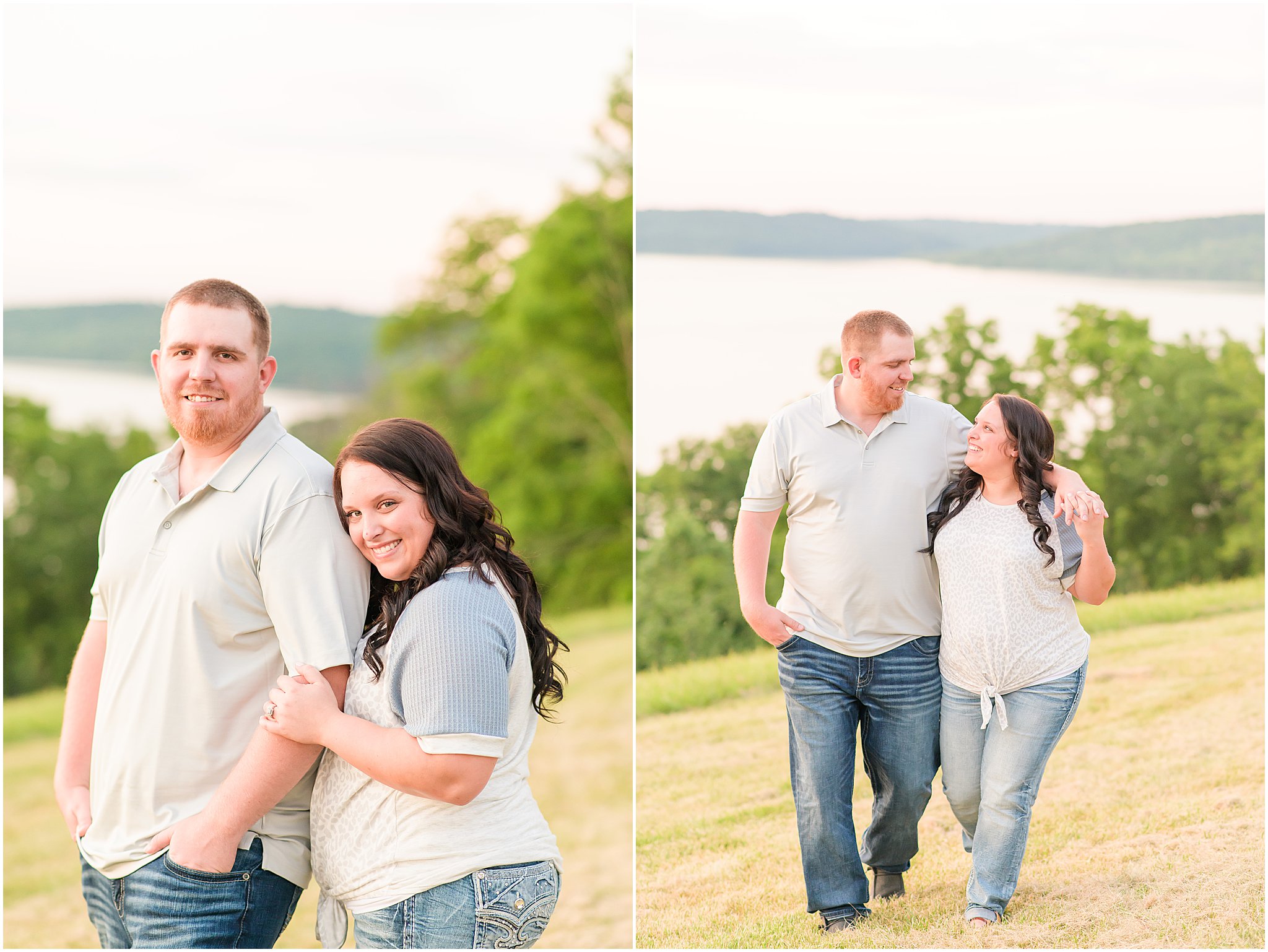 Couples walking and holding hands during Brookville Lake engagement session