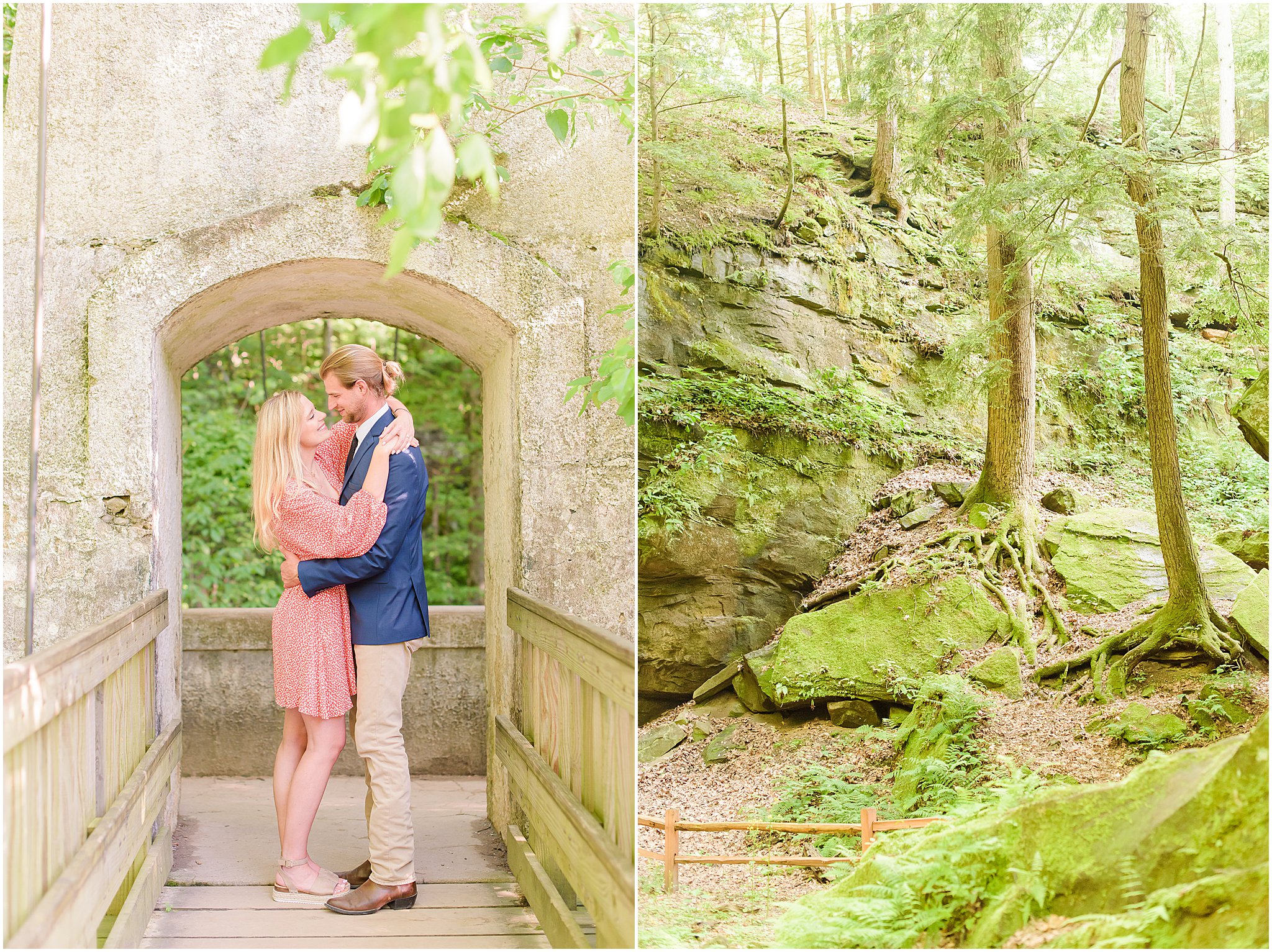 Couple nose to nose standing on bridge during Turkey Run State Park engagement session