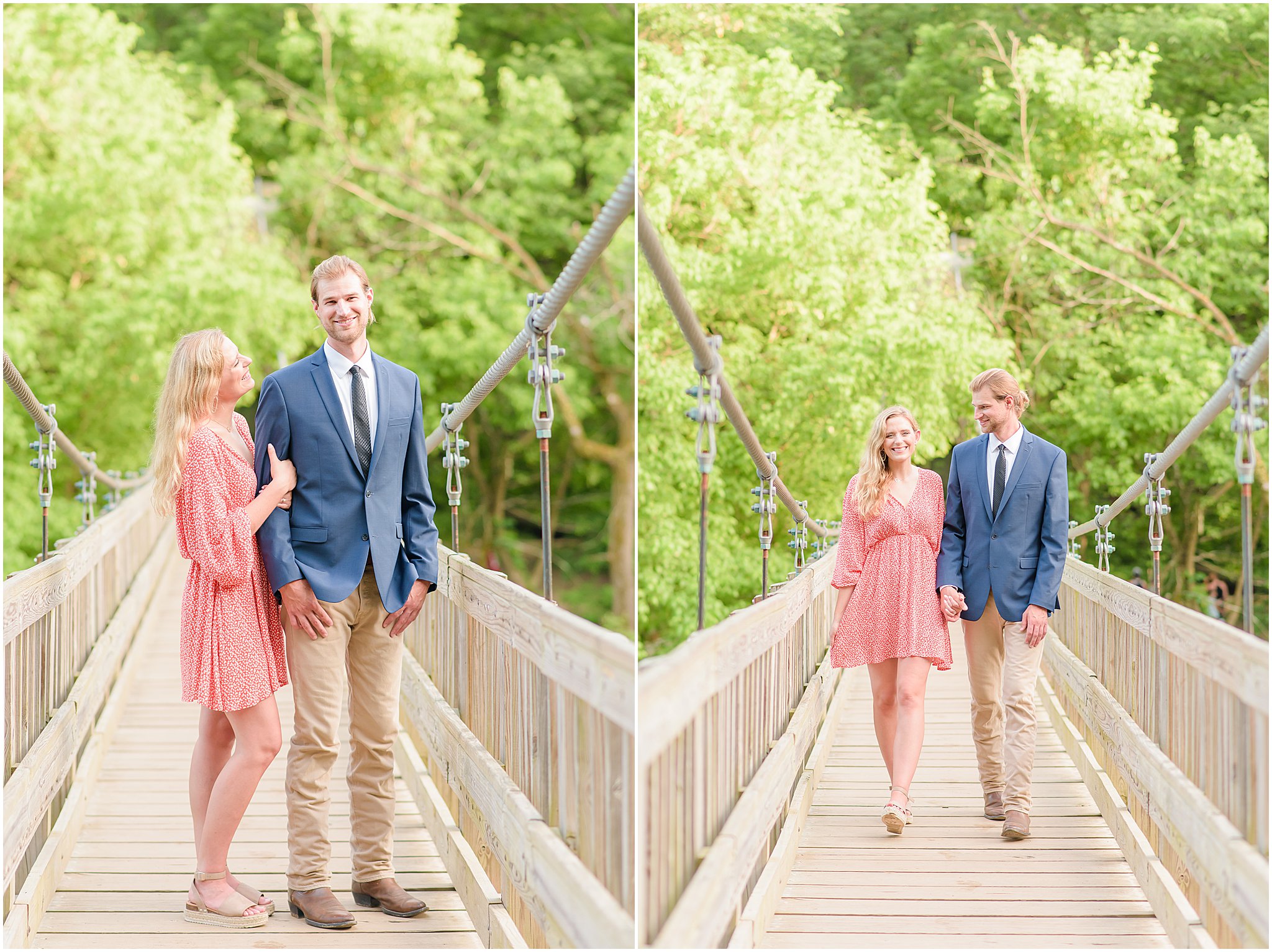 Couple holding hands as walk across bridge during Turkey Run State Park engagement session