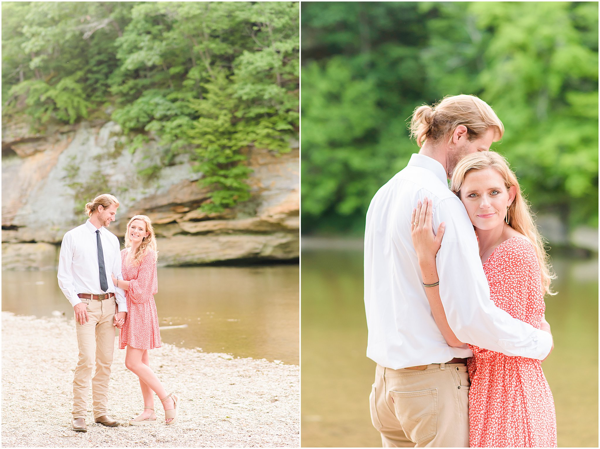 Couple nuzzling by the water during Turkey Run State Park engagement session
