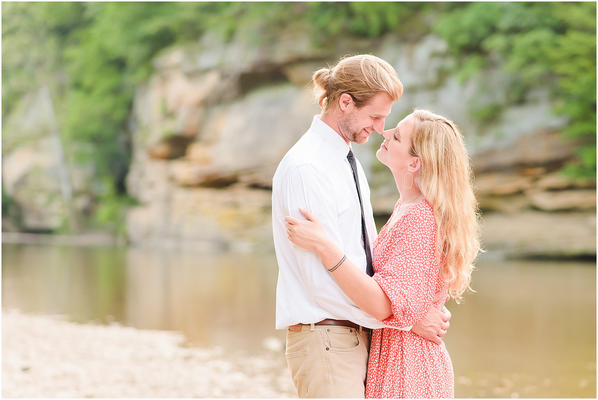Couple nose to nose during Turkey Run State Park engagement session