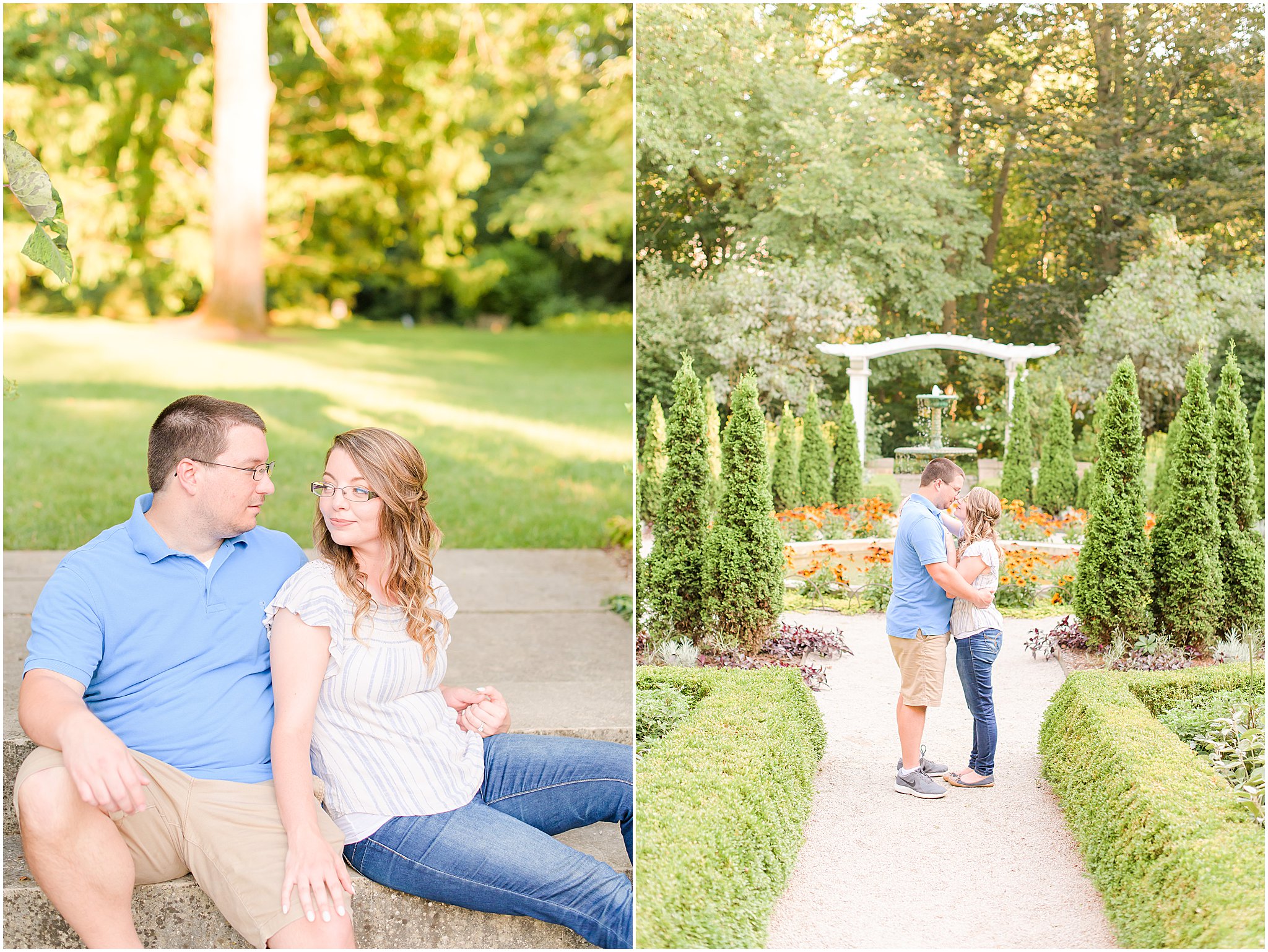 Couple nose to nose in Four Seasons Garden Newfields engagement session