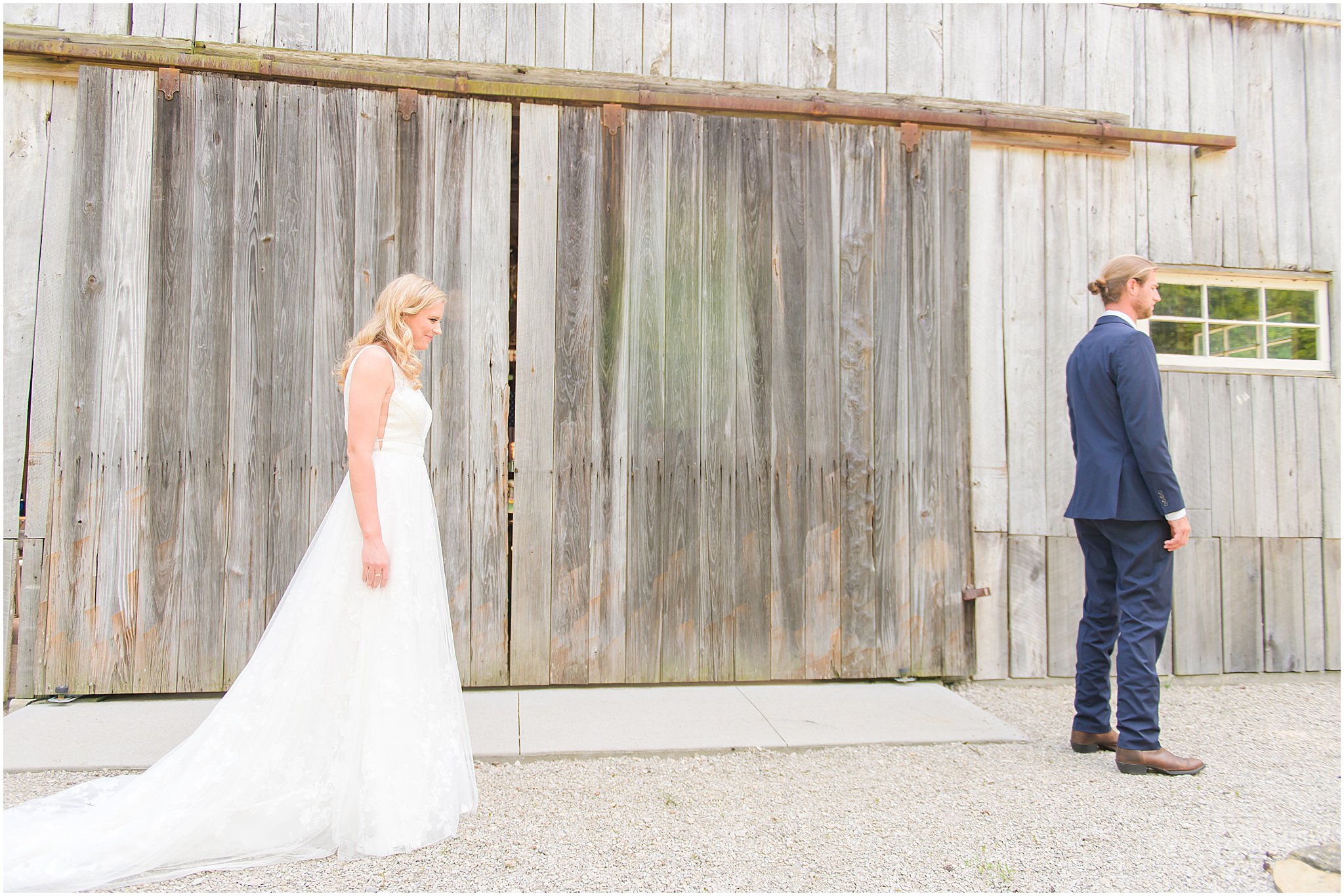 Bride and groom first look The Old Barn At Brown County wedding