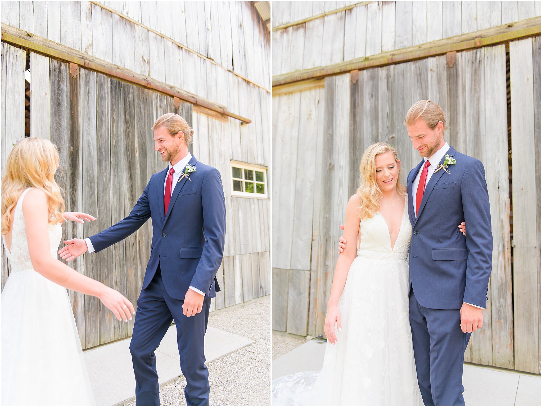 Bride and groom first look The Old Barn At Brown County wedding