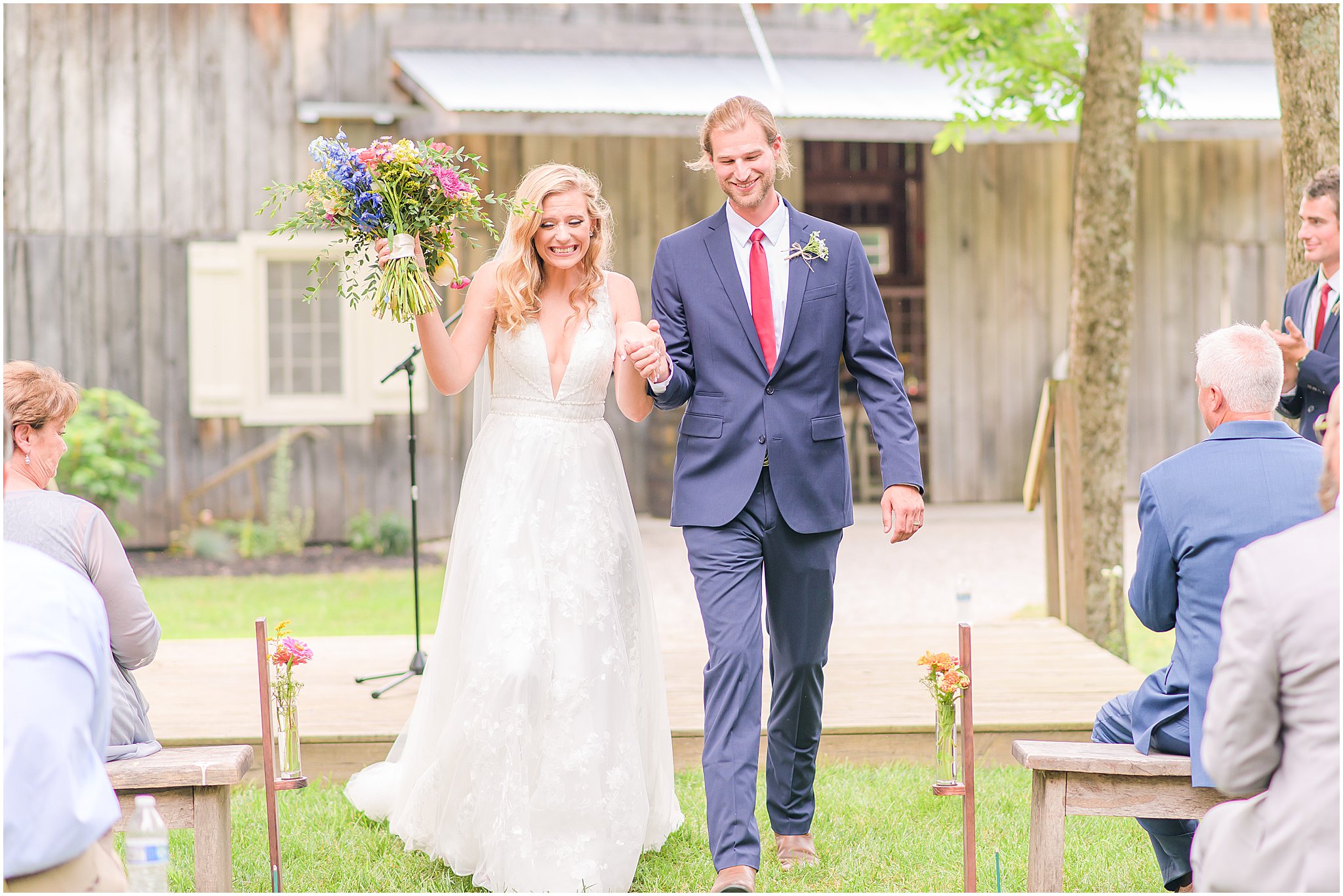 Bride and groom recessional The Old Barn At Brown County wedding