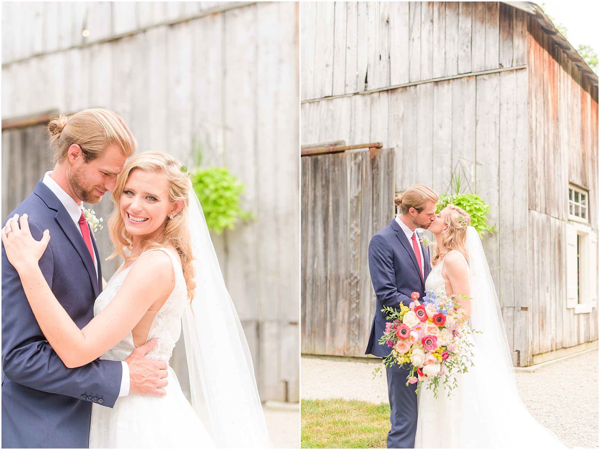 Bride and groom kissing The Old Barn At Brown County wedding