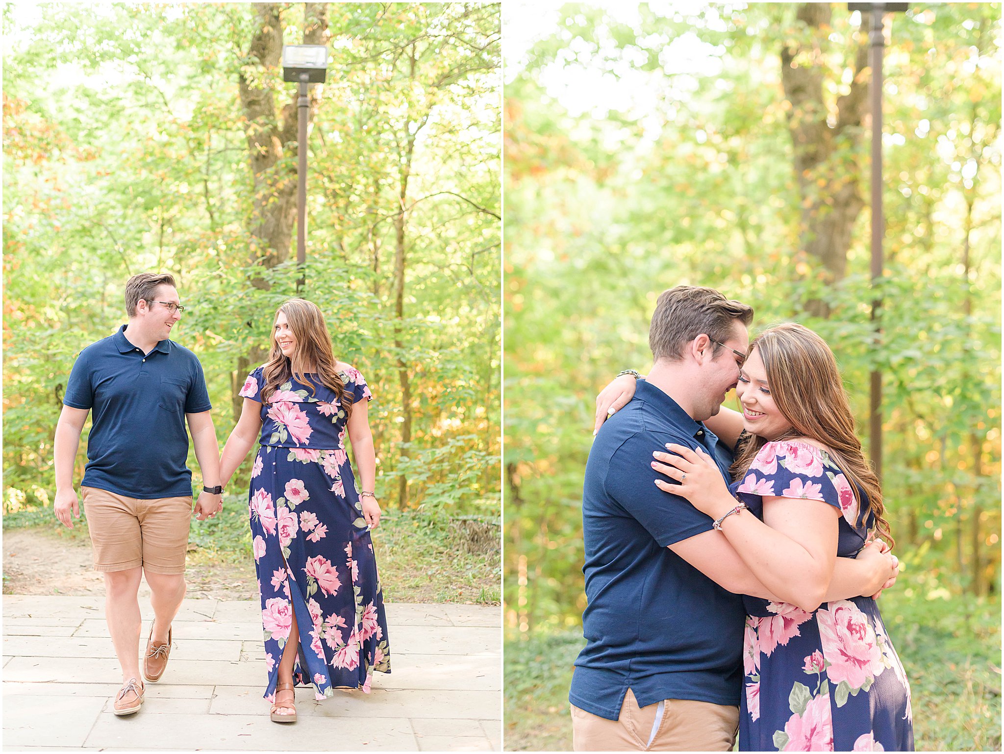 Couple walking and smiling at each other Holcomb Gardens family session