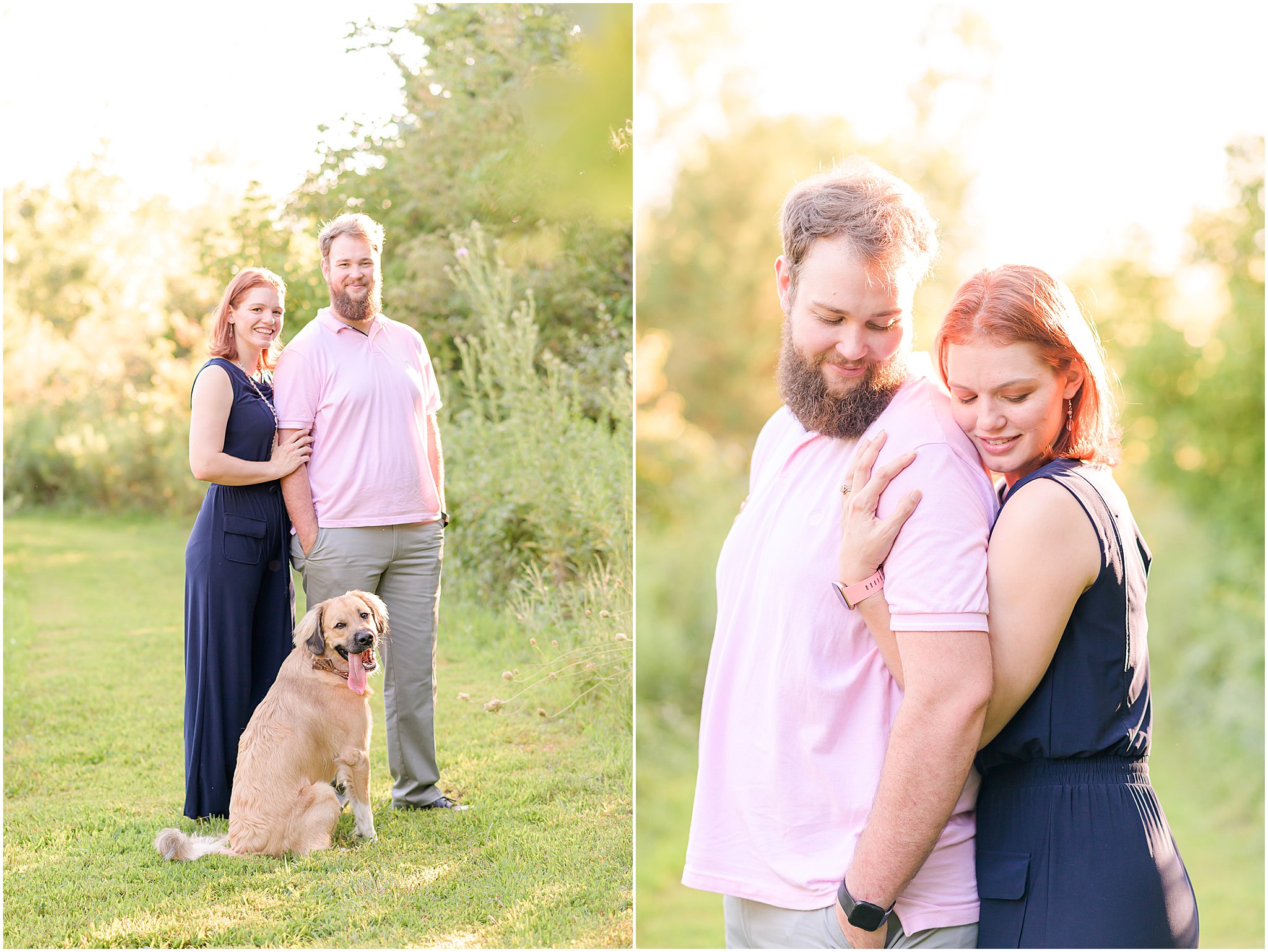 Couple and dog looking at camera Willowfield Lavender Farm photo session