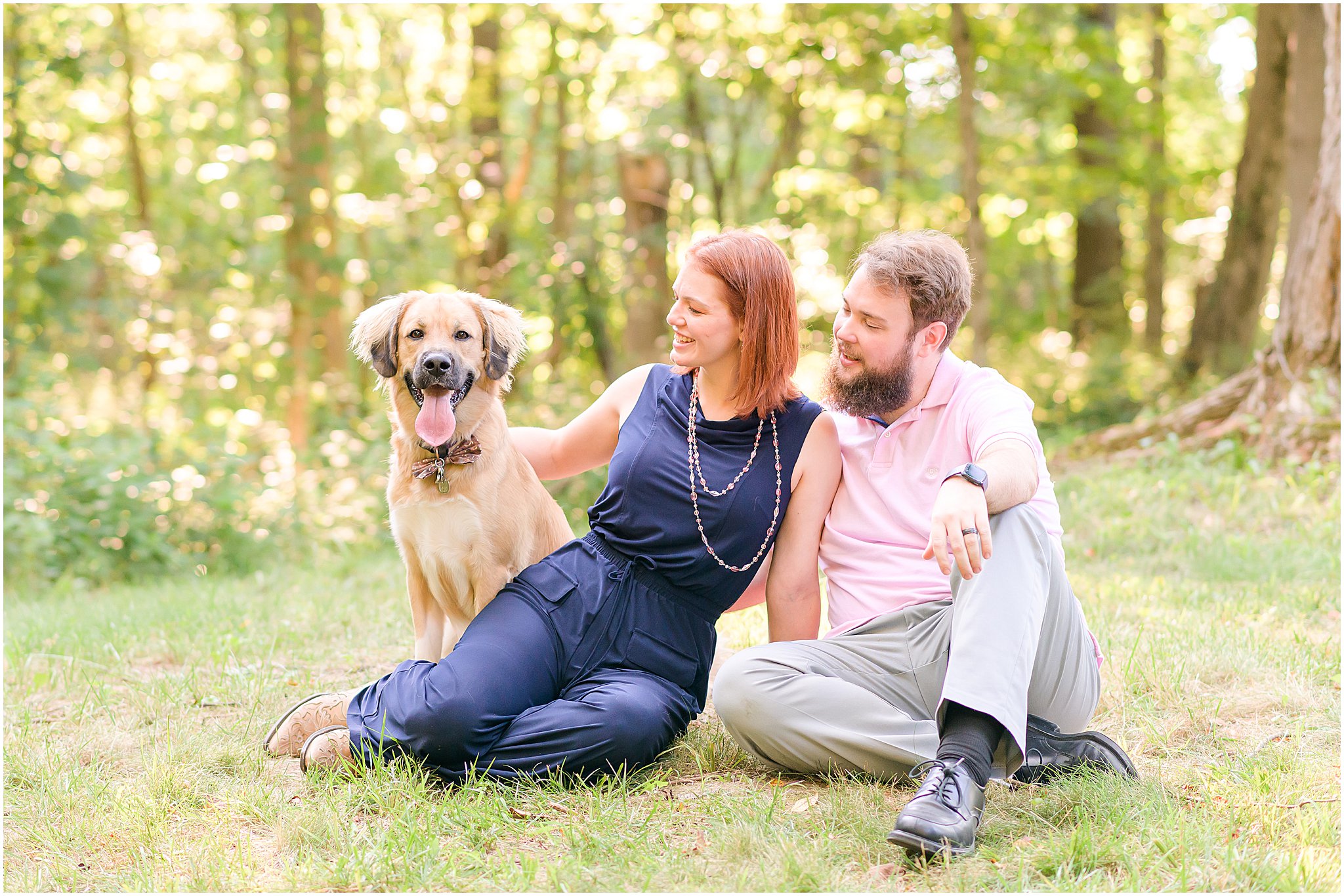 Couple smiling at dog Willowfield Lavender Farm photo session