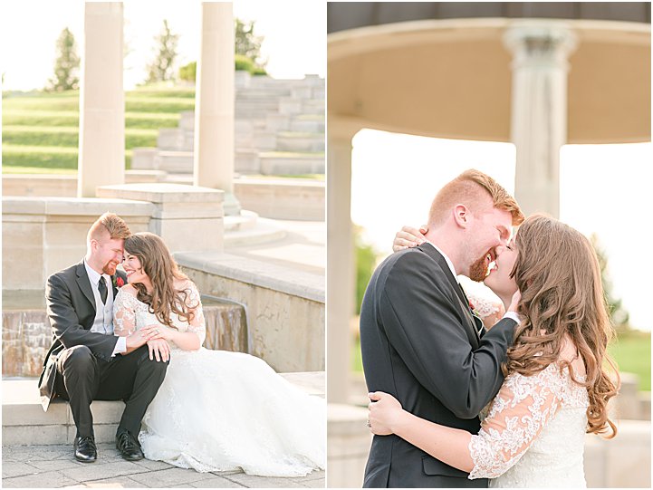 Bride and groom nuzzling and laughing Coxhall Gardens anniversary session