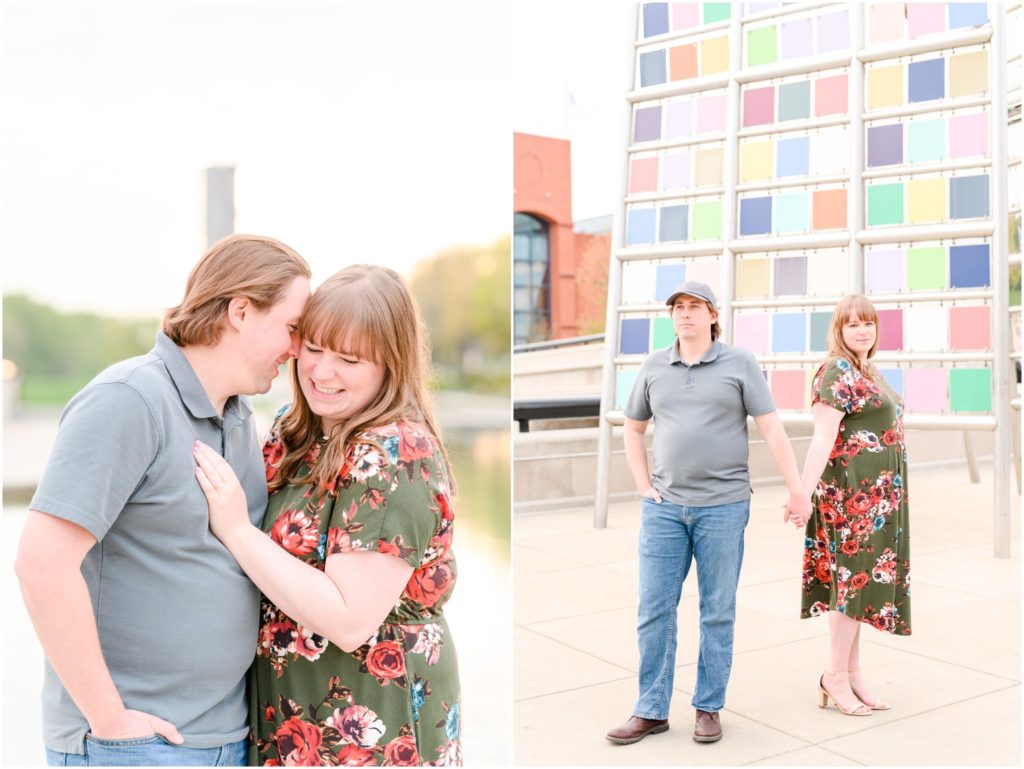Couple nuzzling Downtown Indianapolis Canal Engagement Session