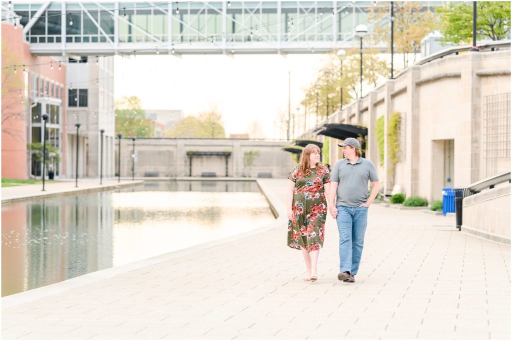 Couple walking along canal Downtown Indianapolis Canal Engagement Session