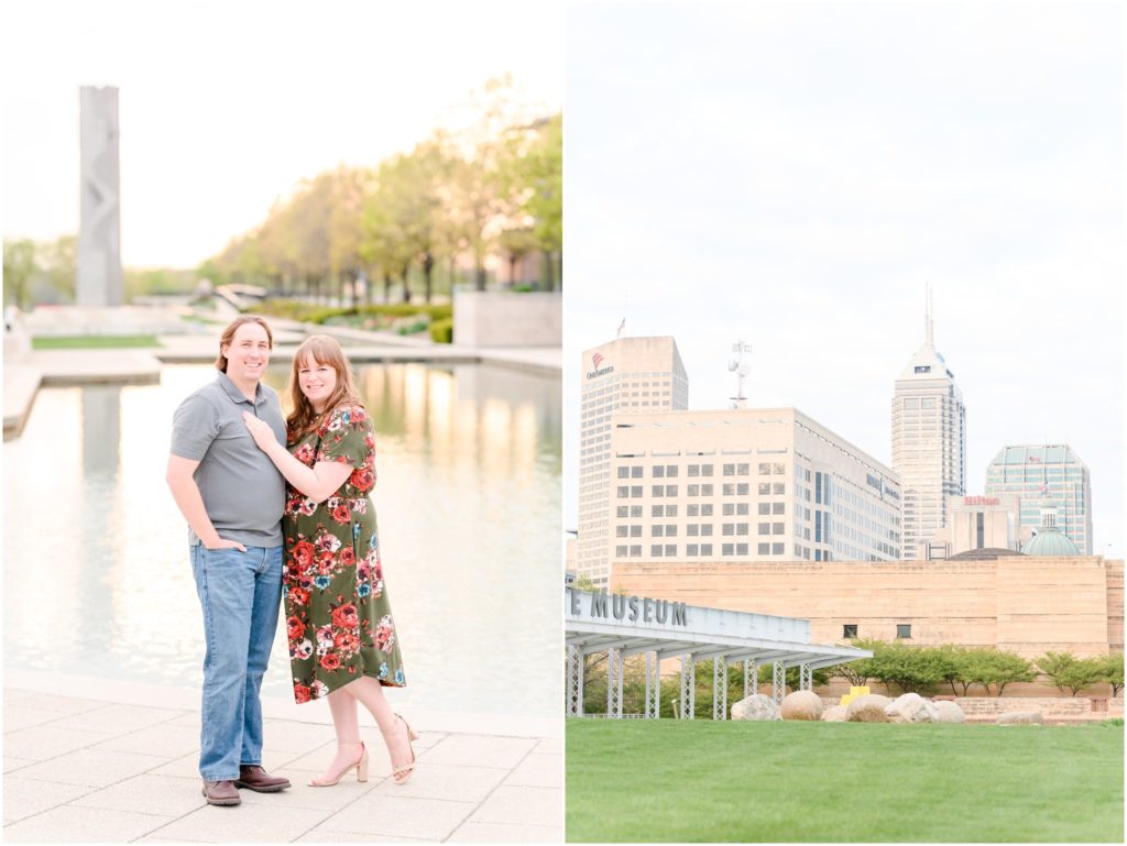 Couple smiling at camera Downtown Indianapolis Canal Engagement Session