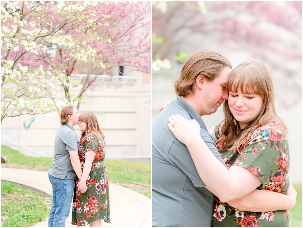 Couple nuzzling Downtown Indianapolis Canal Engagement Session