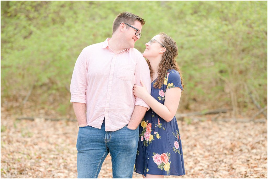 Couple smiling at each other Fowler Park engagement session