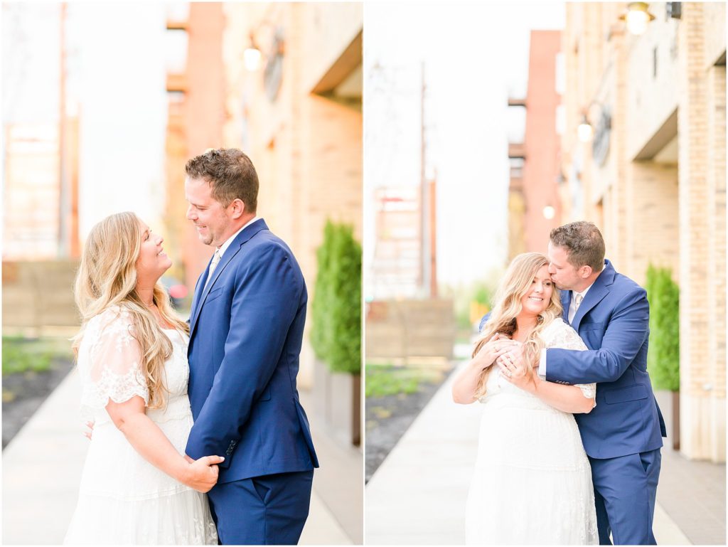 Bride and groom forehead kiss Ironworks Hotel Elopement