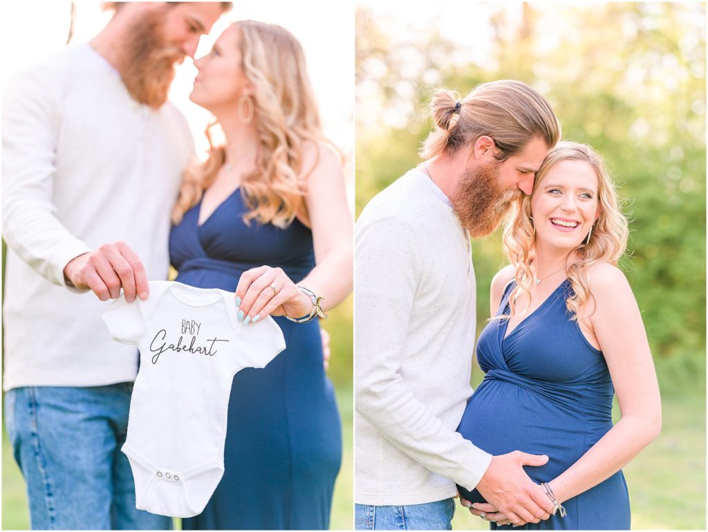 Couple smiling together as cradle baby bump Province Park Maternity Session