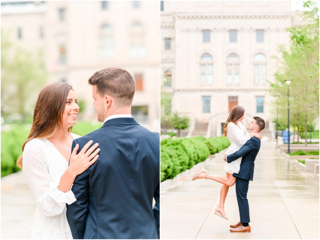 Lift kiss downtown Indianapolis canal engagement session